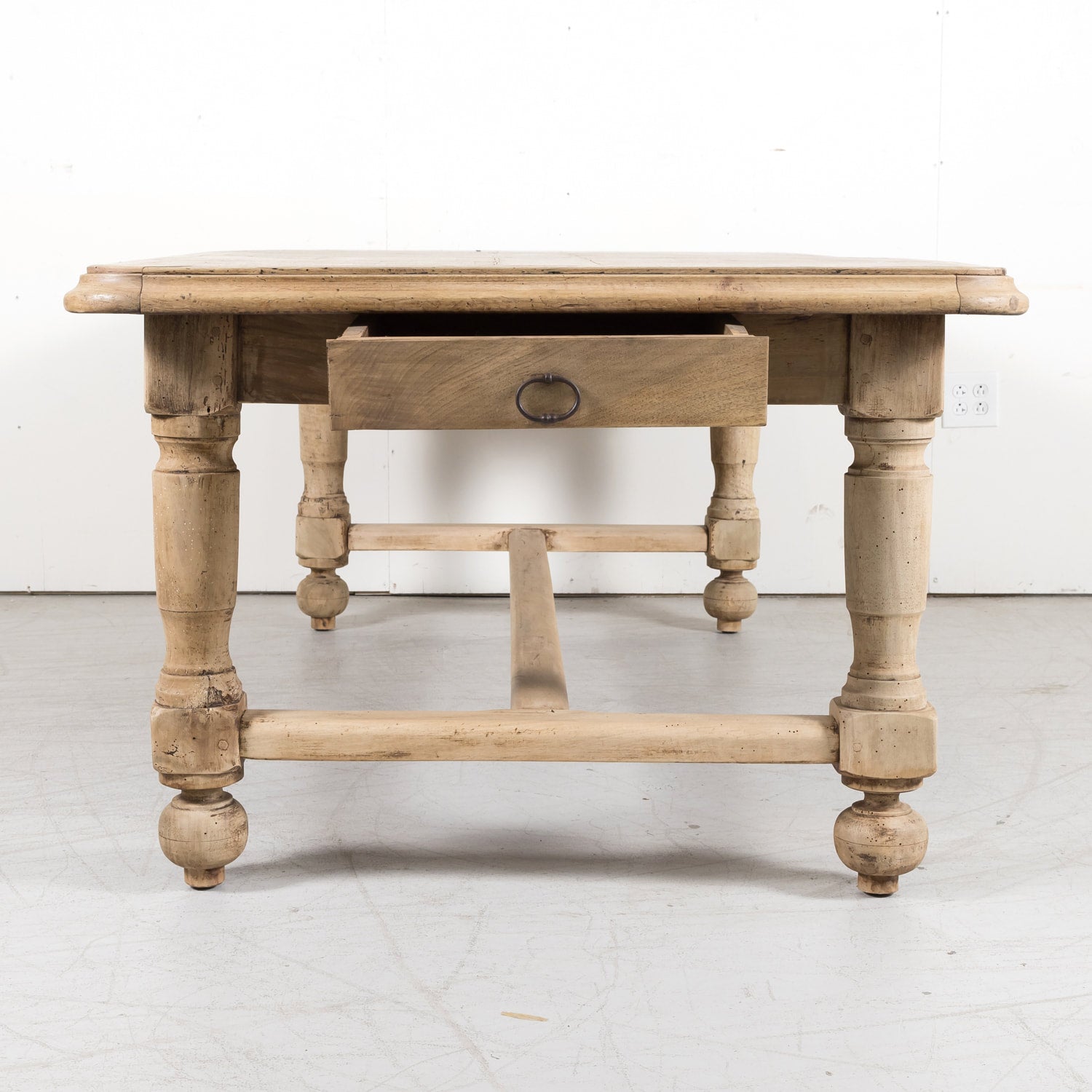 19th Century Bleached Walnut Farm Table with Parquet Top and Drawer