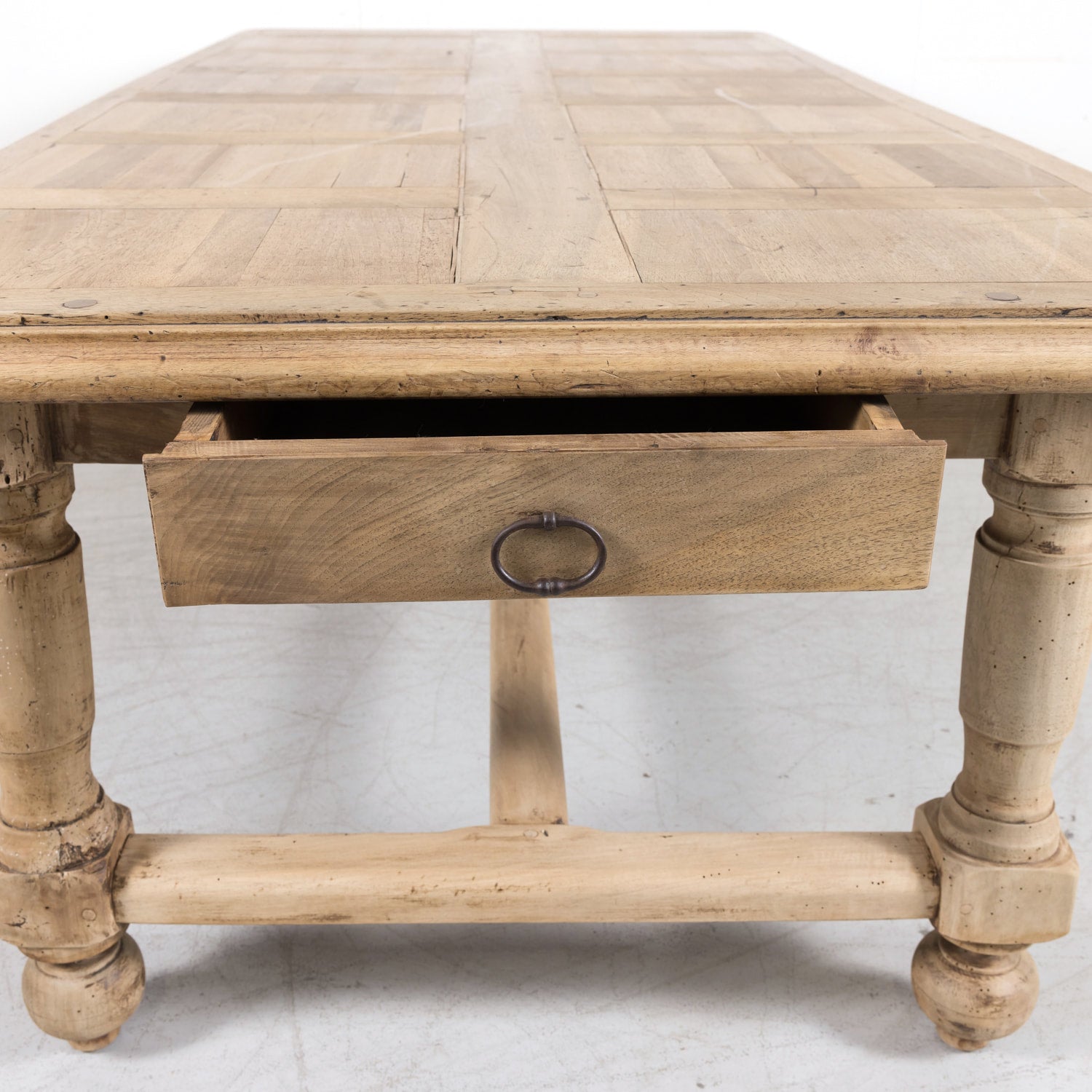 19th Century Bleached Walnut Farm Table with Parquet Top and Drawer