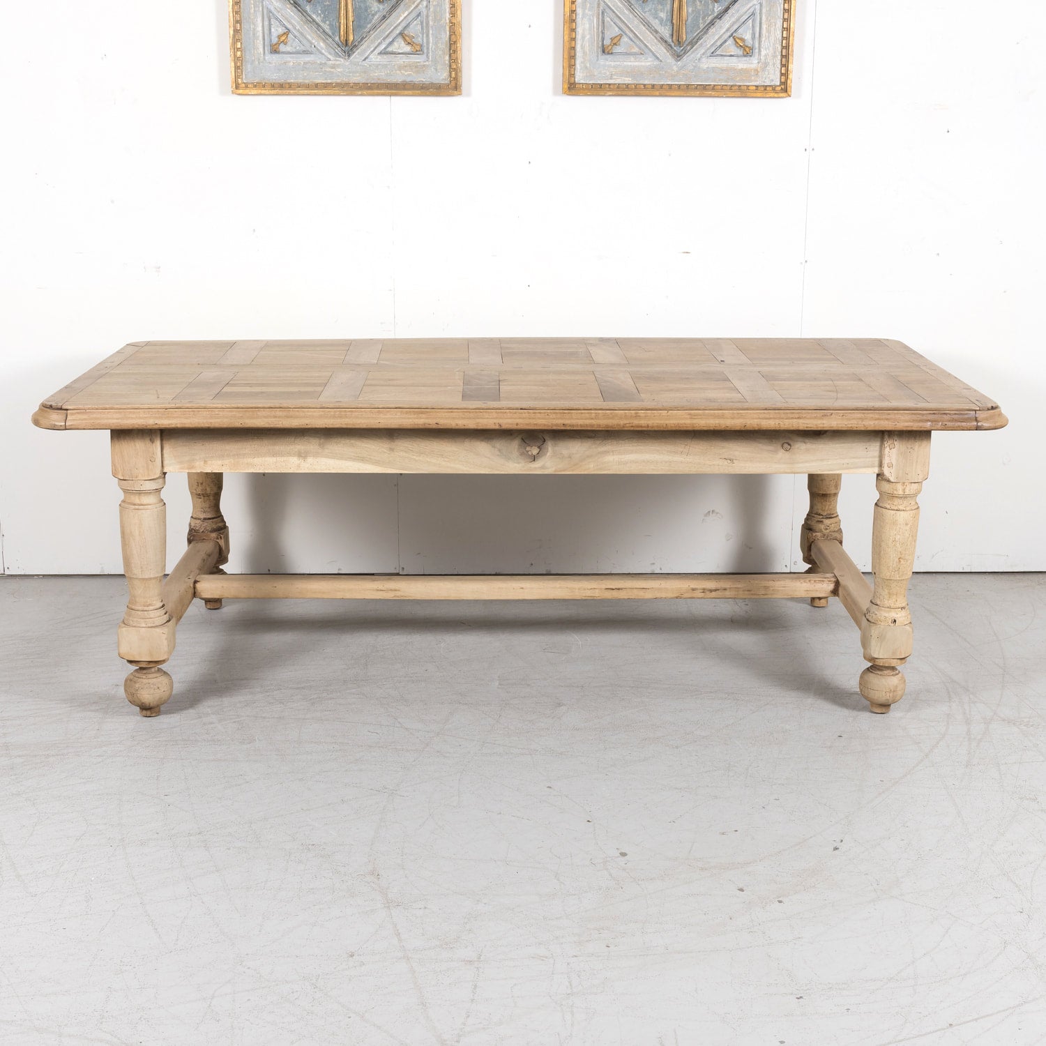 19th Century Bleached Walnut Farm Table with Parquet Top and Drawer