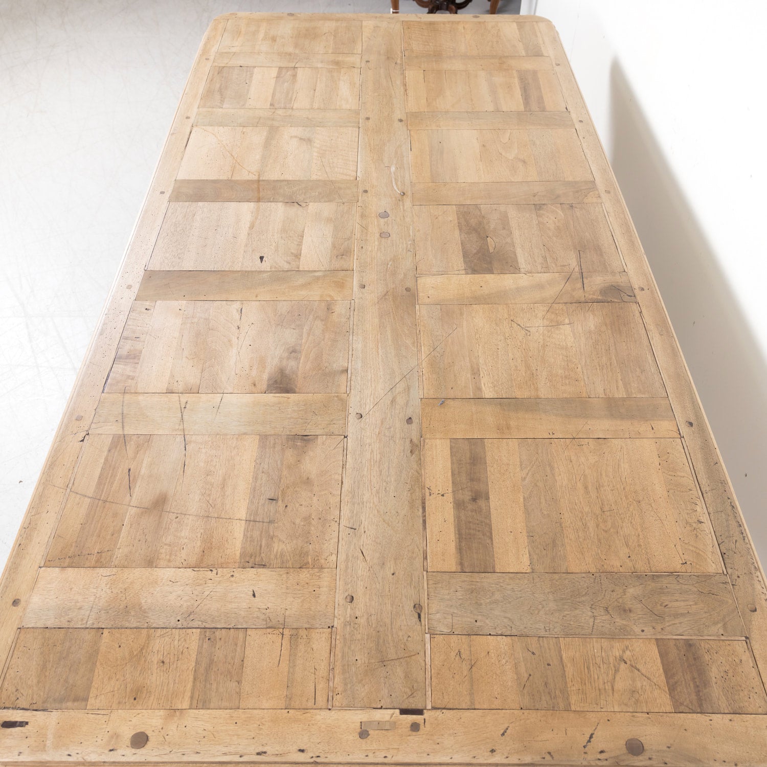 19th Century Bleached Walnut Farm Table with Parquet Top and Drawer