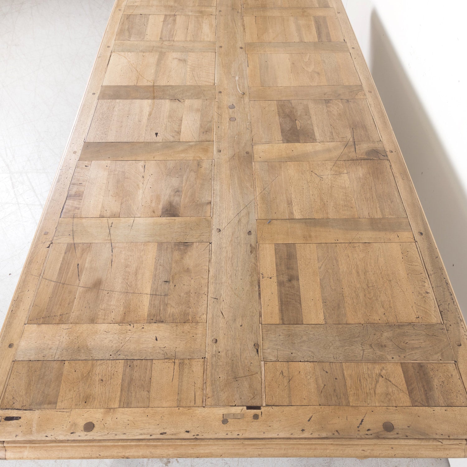 19th Century Bleached Walnut Farm Table with Parquet Top and Drawer