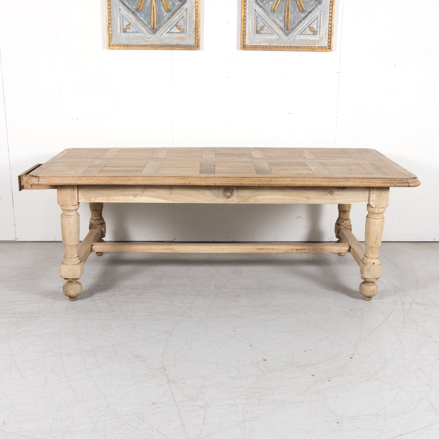 19th Century Bleached Walnut Farm Table with Parquet Top and Drawer
