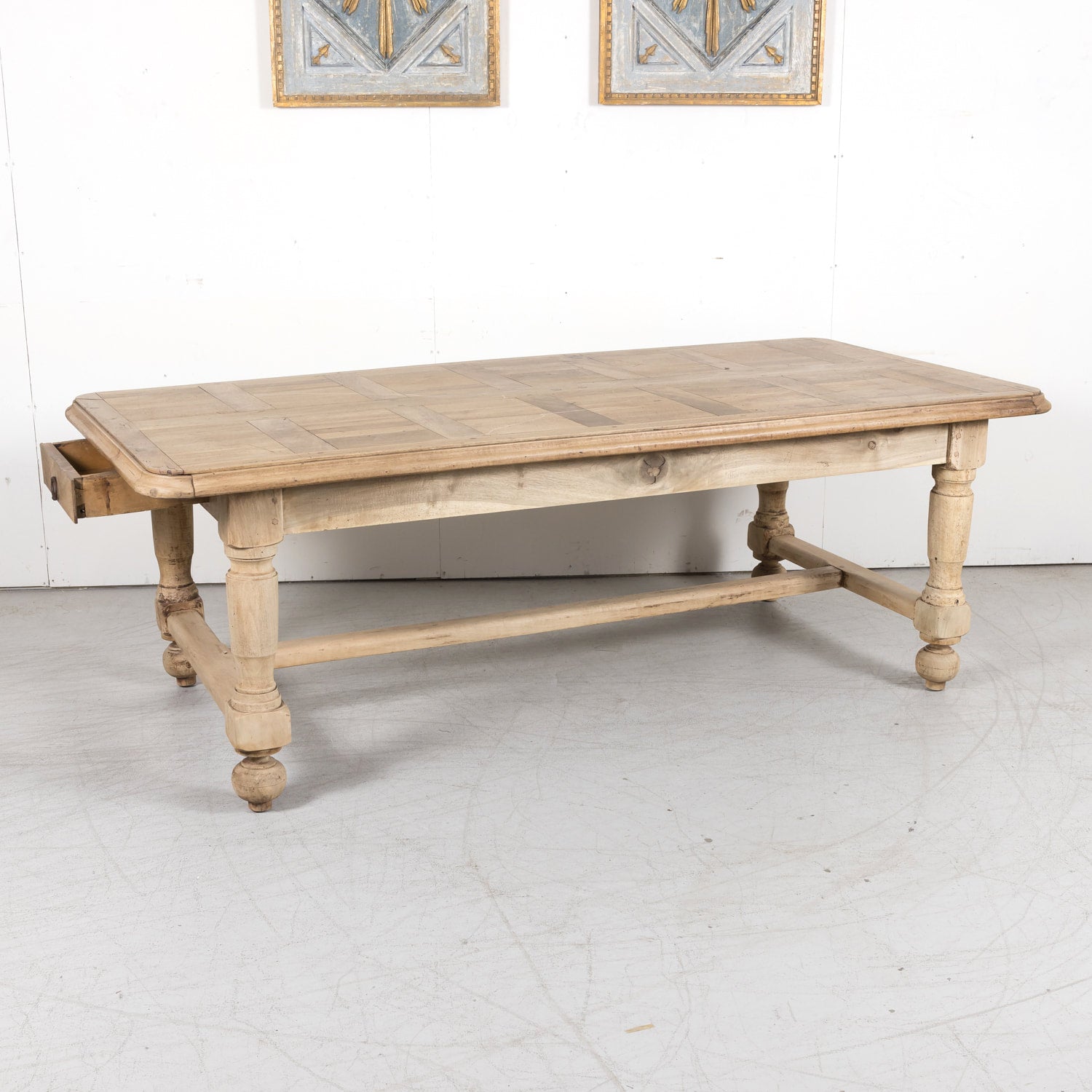 19th Century Bleached Walnut Farm Table with Parquet Top and Drawer