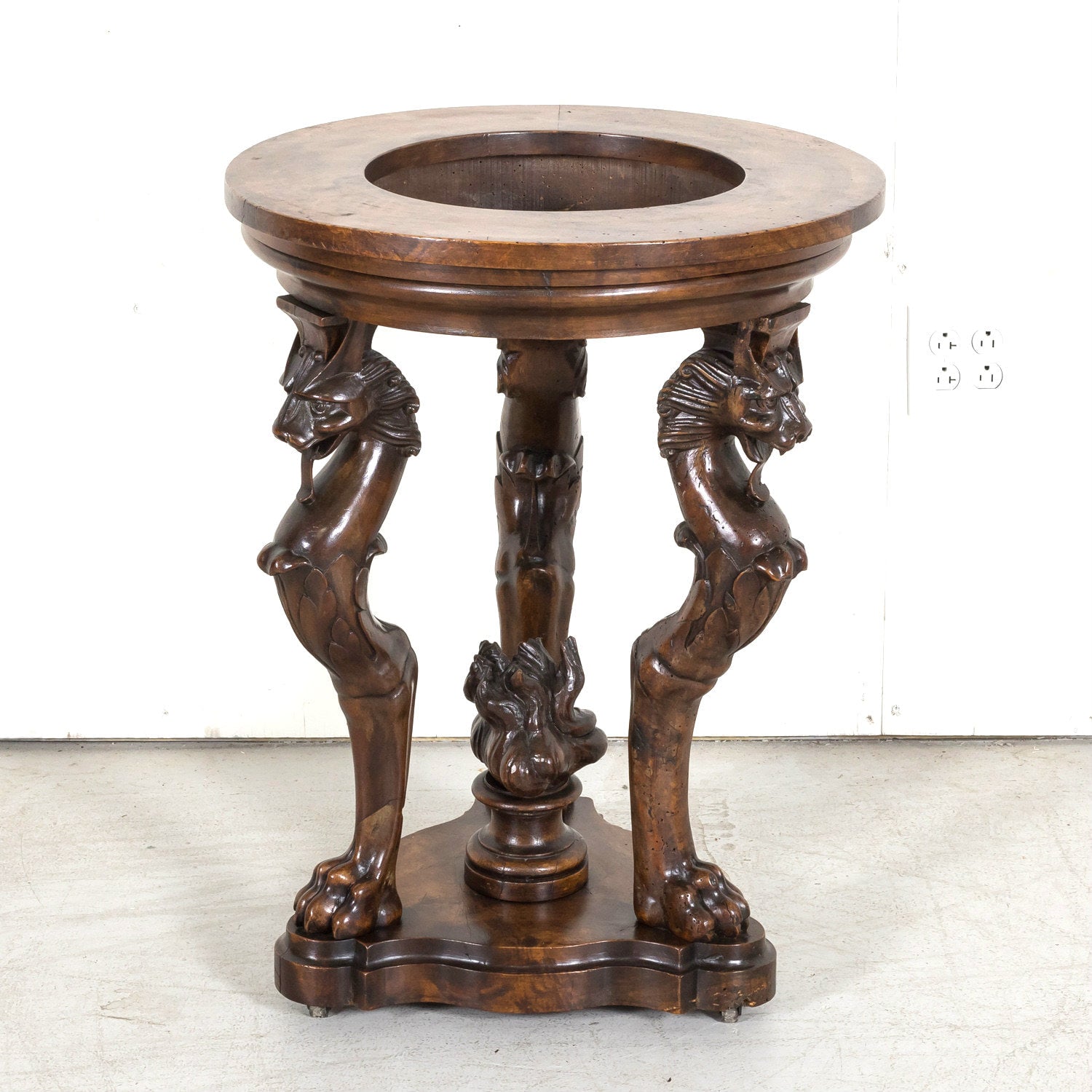Early 19th Century French Restauration Period Carved Walnut Brazier Tripod Table on Casters