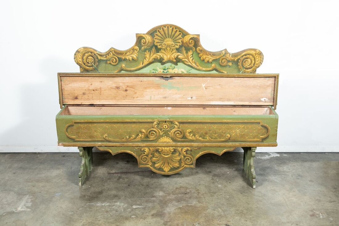 19th Century Italian Baroque Polychrome Cassapanca Wood Storage Hall Bench 