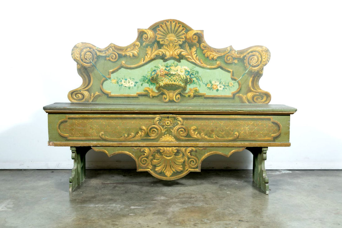 19th Century Italian Baroque Polychrome Cassapanca Wood Storage Hall Bench 