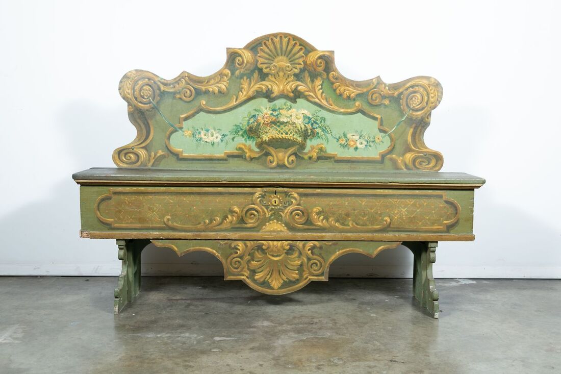 19th Century Italian Baroque Polychrome Cassapanca Wood Storage Hall Bench 