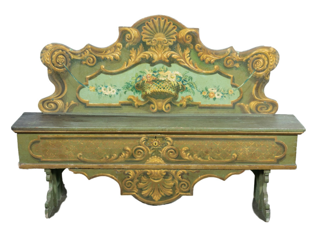 19th Century Italian Baroque Polychrome Cassapanca Wood Storage Hall Bench 