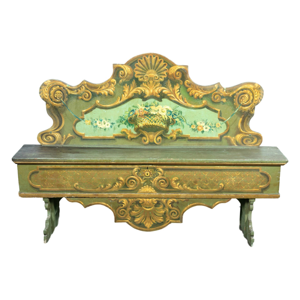 19th Century Italian Baroque Polychrome Cassapanca Wood Storage Hall Bench 