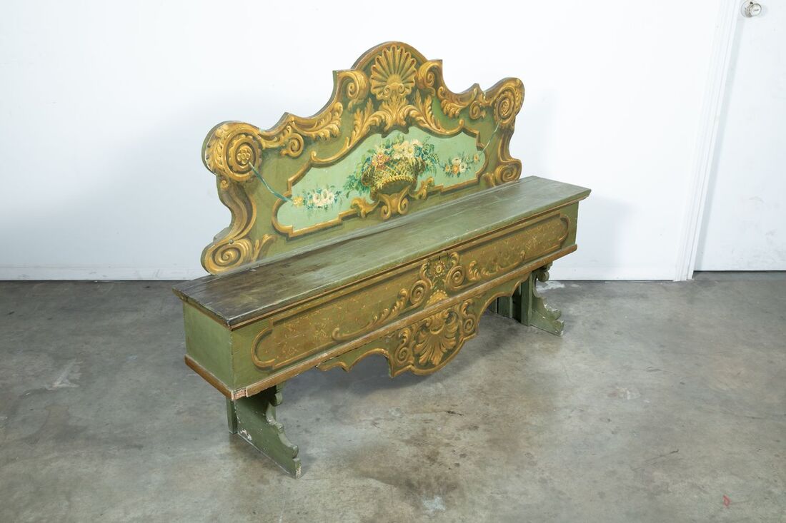 19th Century Italian Baroque Polychrome Cassapanca Wood Storage Hall Bench 