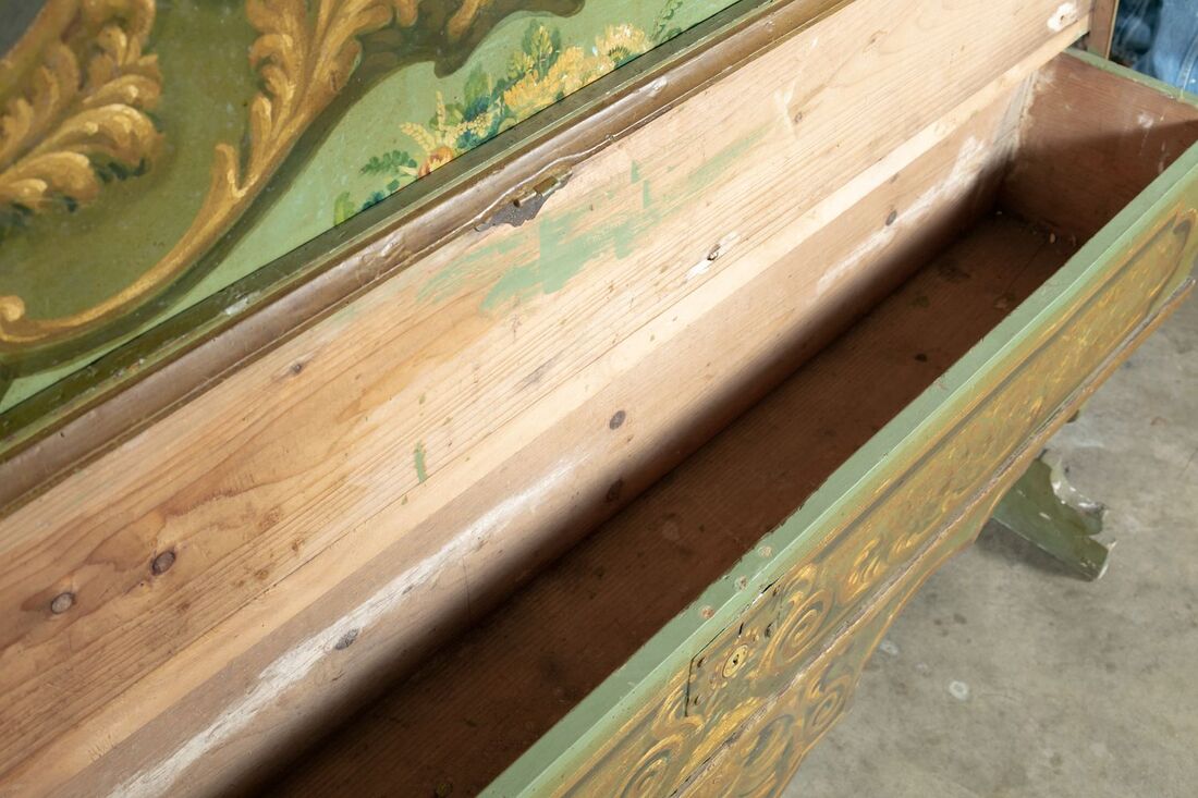 19th Century Italian Baroque Polychrome Cassapanca Wood Storage Hall Bench 