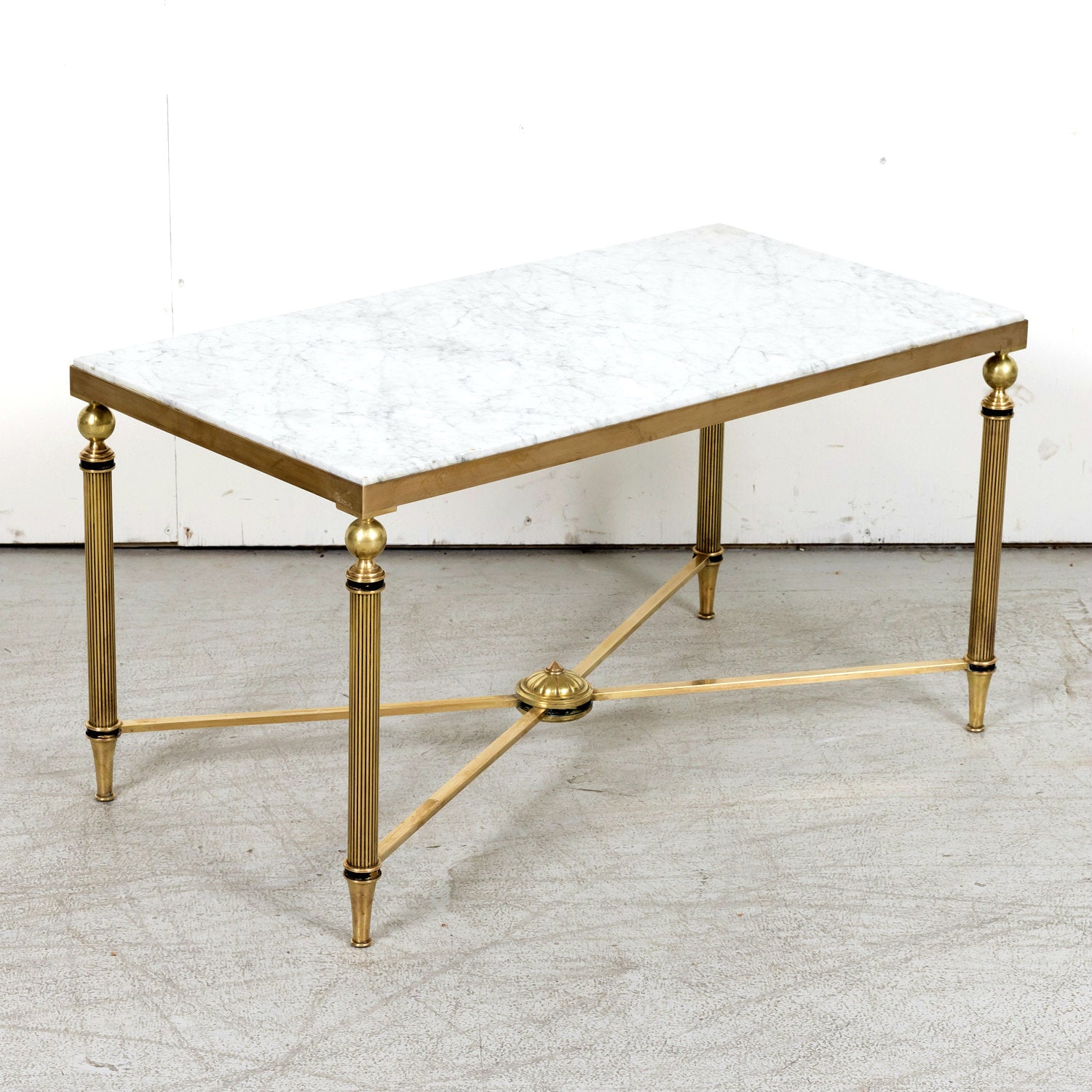 Maison Jansen Louis XVI Style Brass and Carrara Marble Top Coffee Table