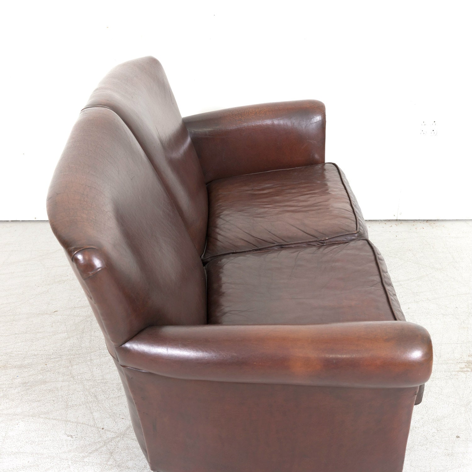20th Century French Art Deco Settee or Sofa in Original Dark Brown Leather