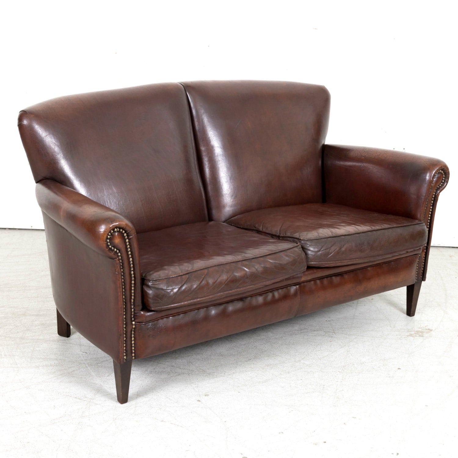 20th Century French Art Deco Settee or Sofa in Original Dark Brown Leather