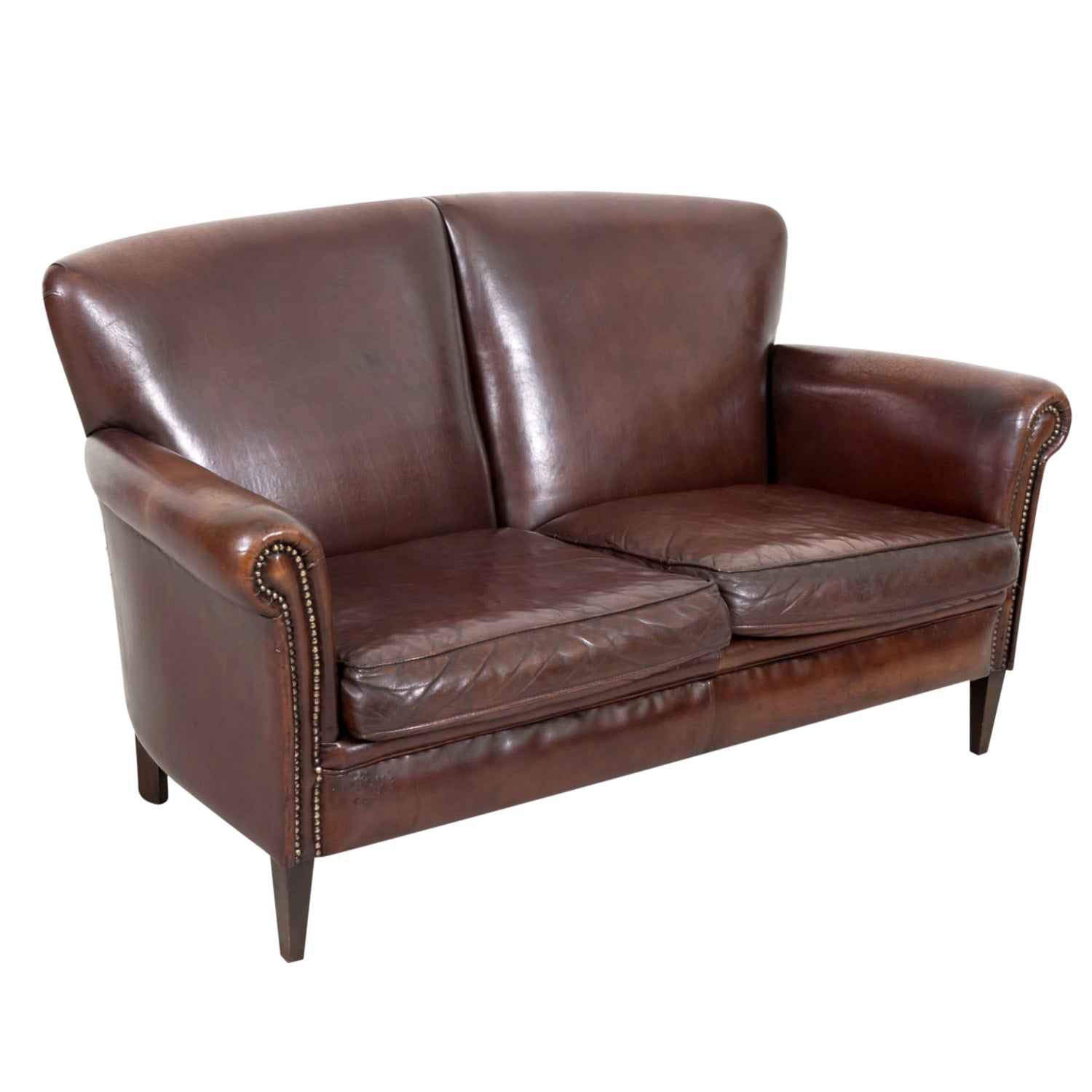 20th Century French Art Deco Settee or Sofa in Original Dark Brown Leather