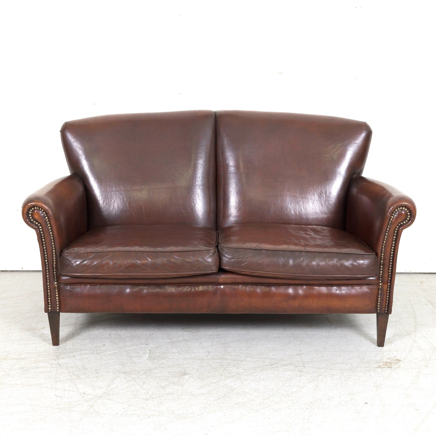 20th Century French Art Deco Settee or Sofa in Original Dark Brown Leather