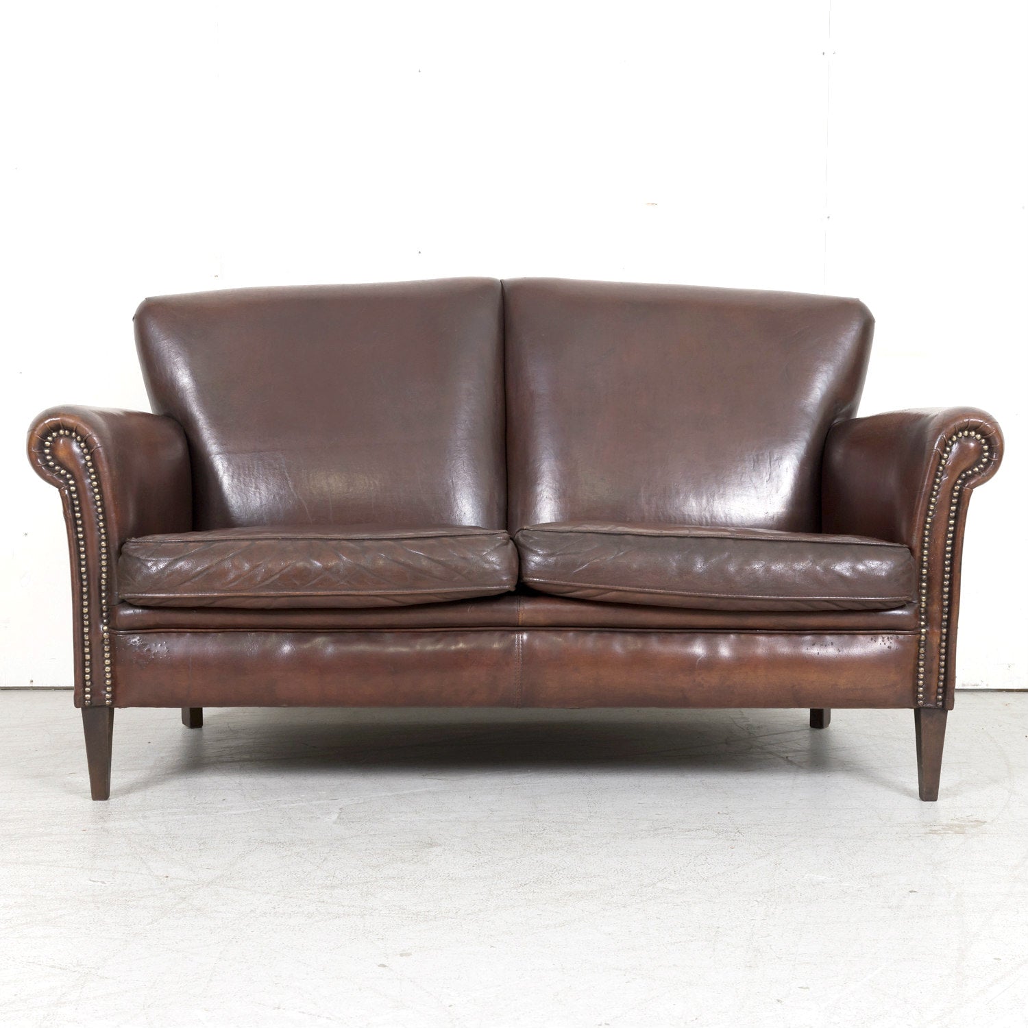 20th Century French Art Deco Settee or Sofa in Original Dark Brown Leather
