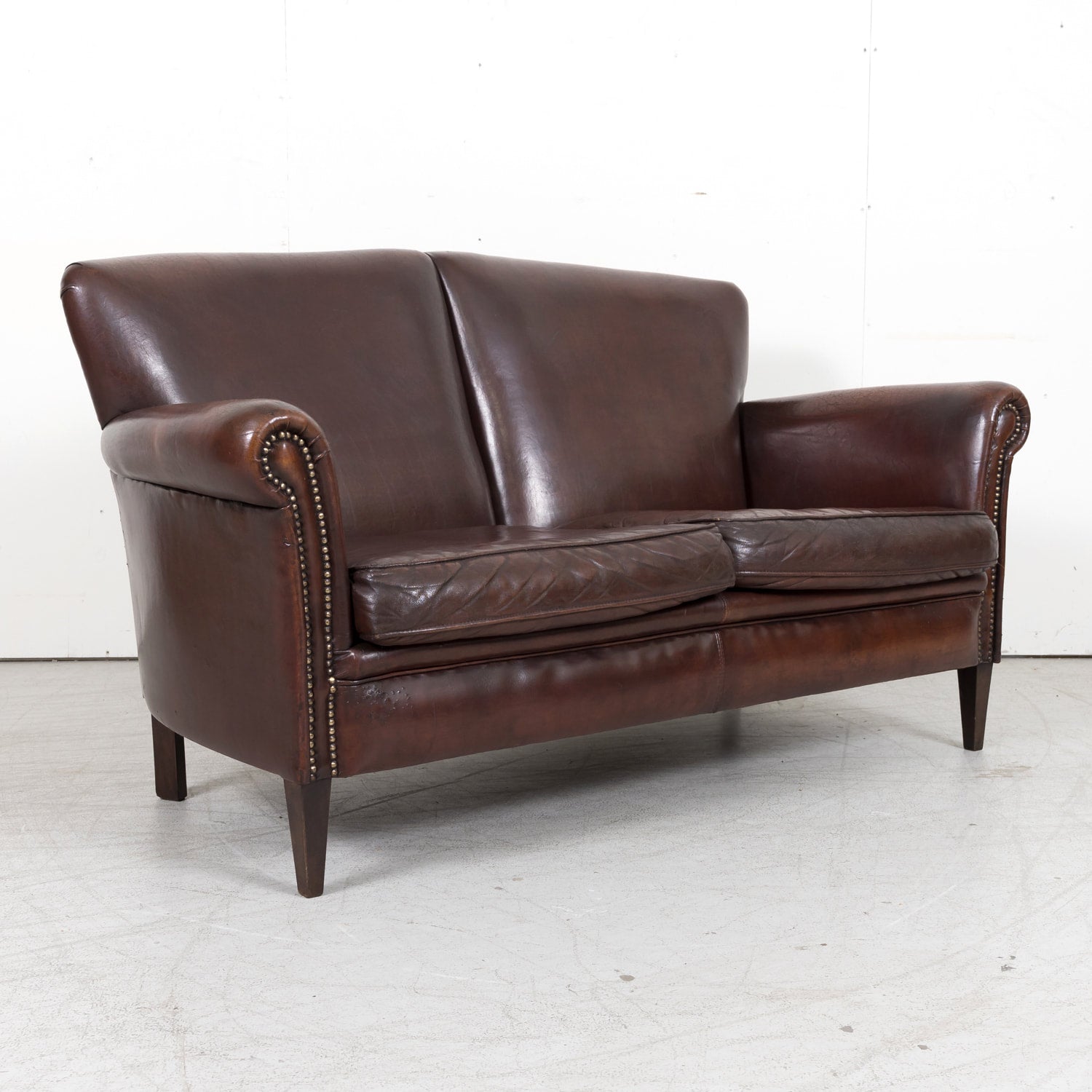 20th Century French Art Deco Settee or Sofa in Original Dark Brown Leather