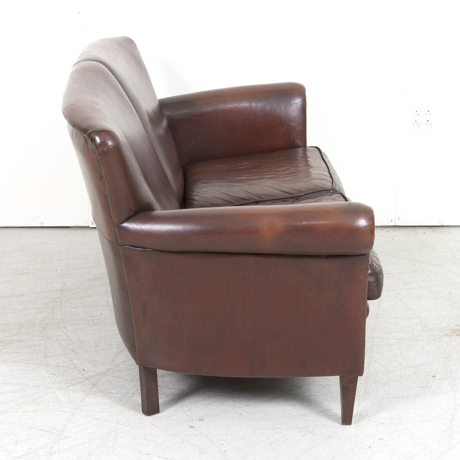 20th Century French Art Deco Settee or Sofa in Original Dark Brown Leather