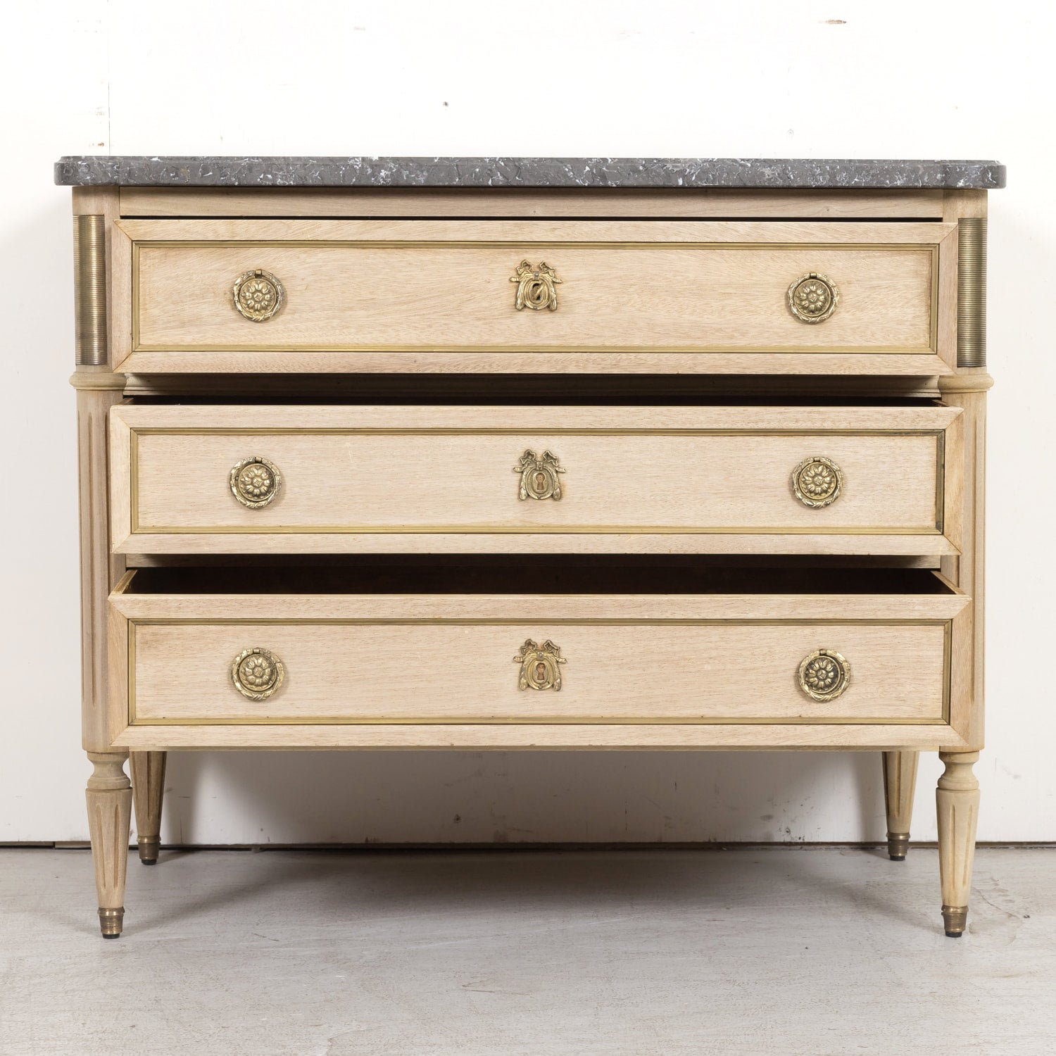 Antique French Louis XVI Style Bleached Petite Commode with Marble Top