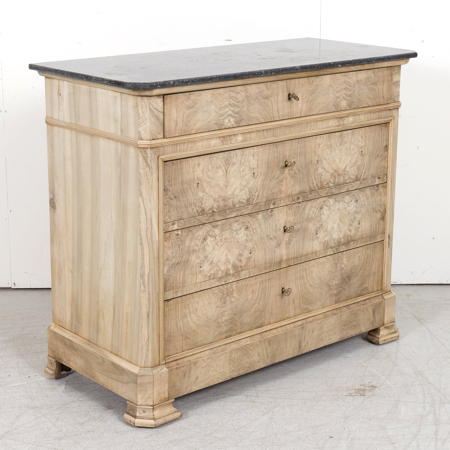 19th Century French Louis Philippe Style Bleached Walnut Commode with Marble Top and Bookmatched Front