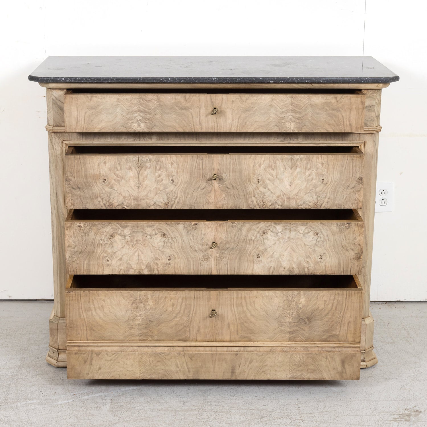 19th Century French Louis Philippe Style Bleached Walnut Commode with Marble Top and Bookmatched Front