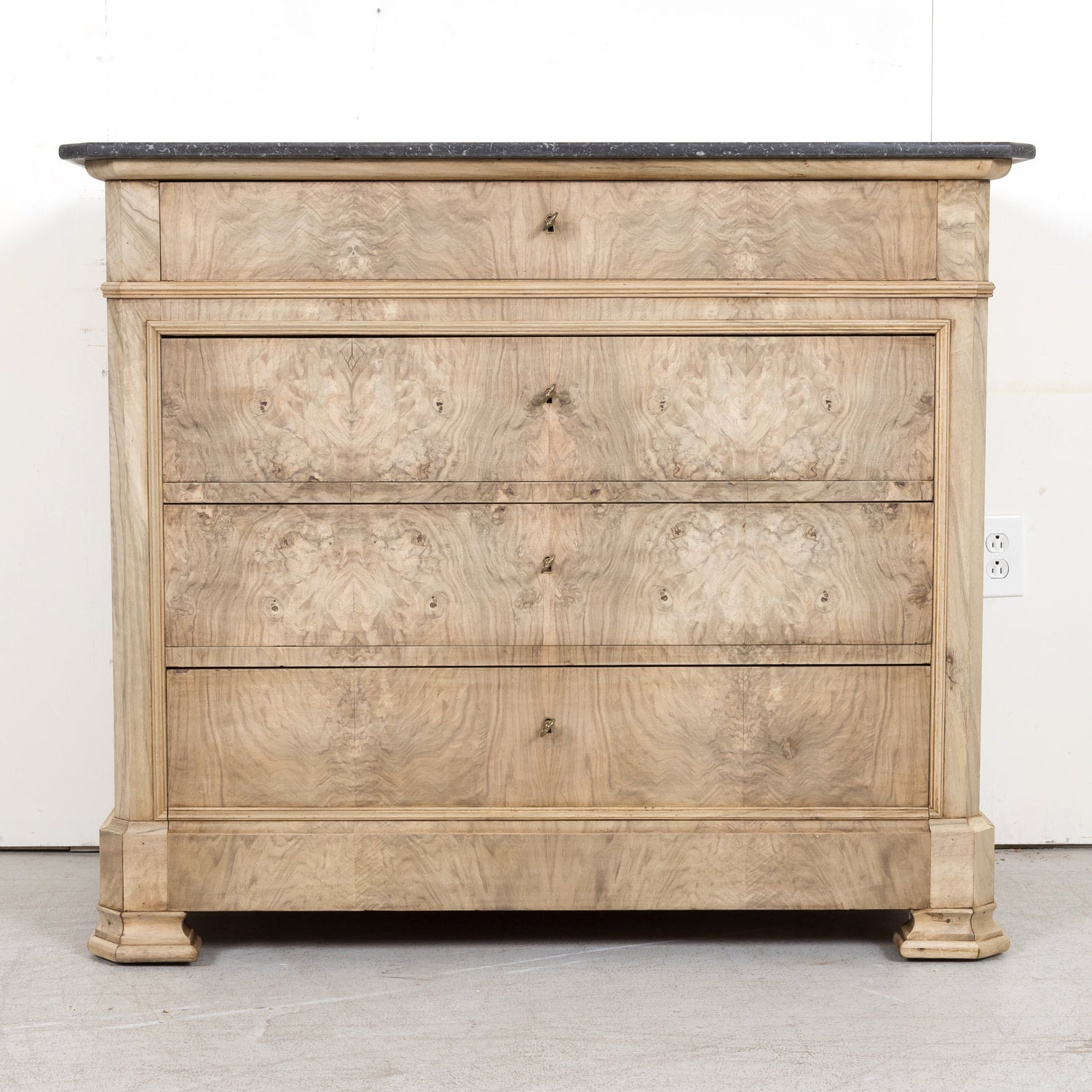 19th Century French Louis Philippe Style Bleached Walnut Commode with Marble Top and Bookmatched Front