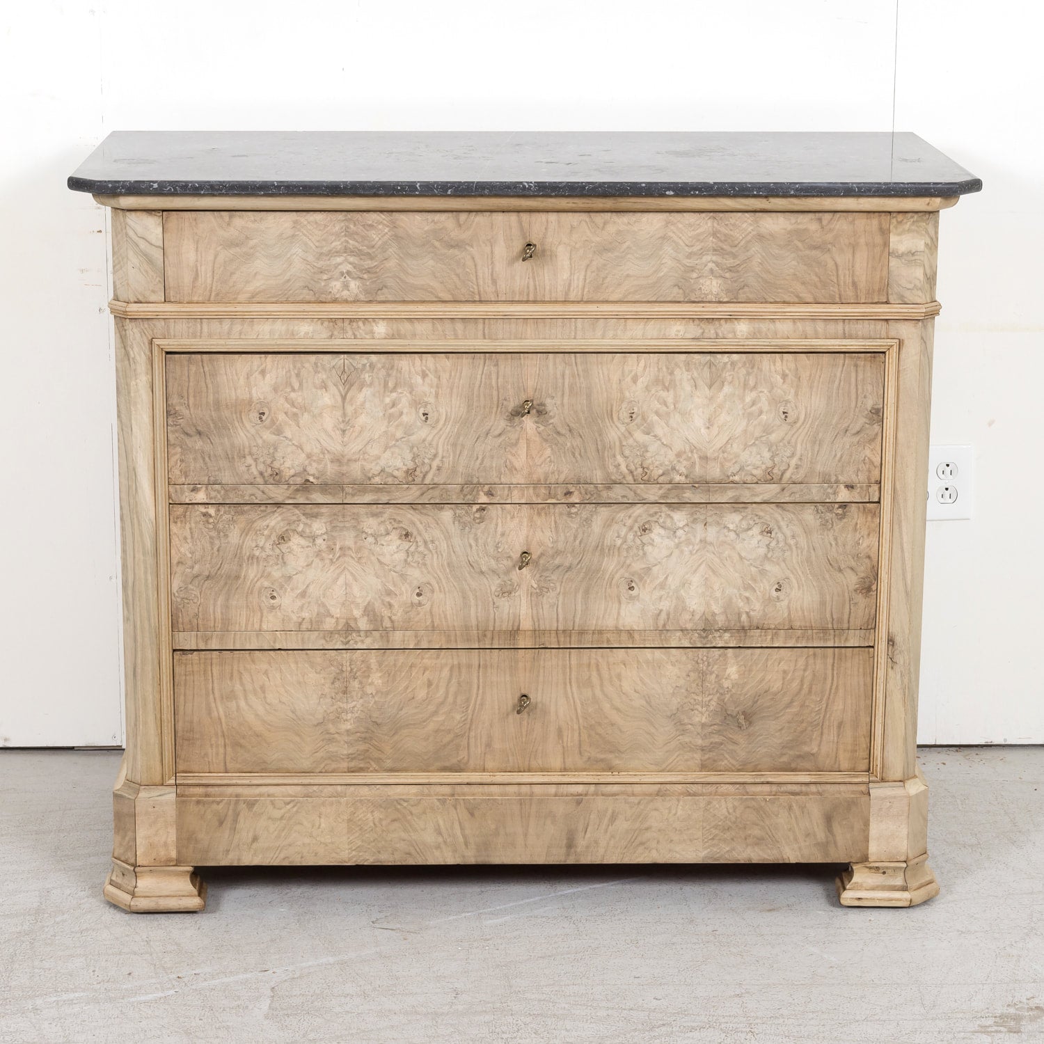 19th Century French Louis Philippe Style Bleached Walnut Commode with Marble Top and Bookmatched Front