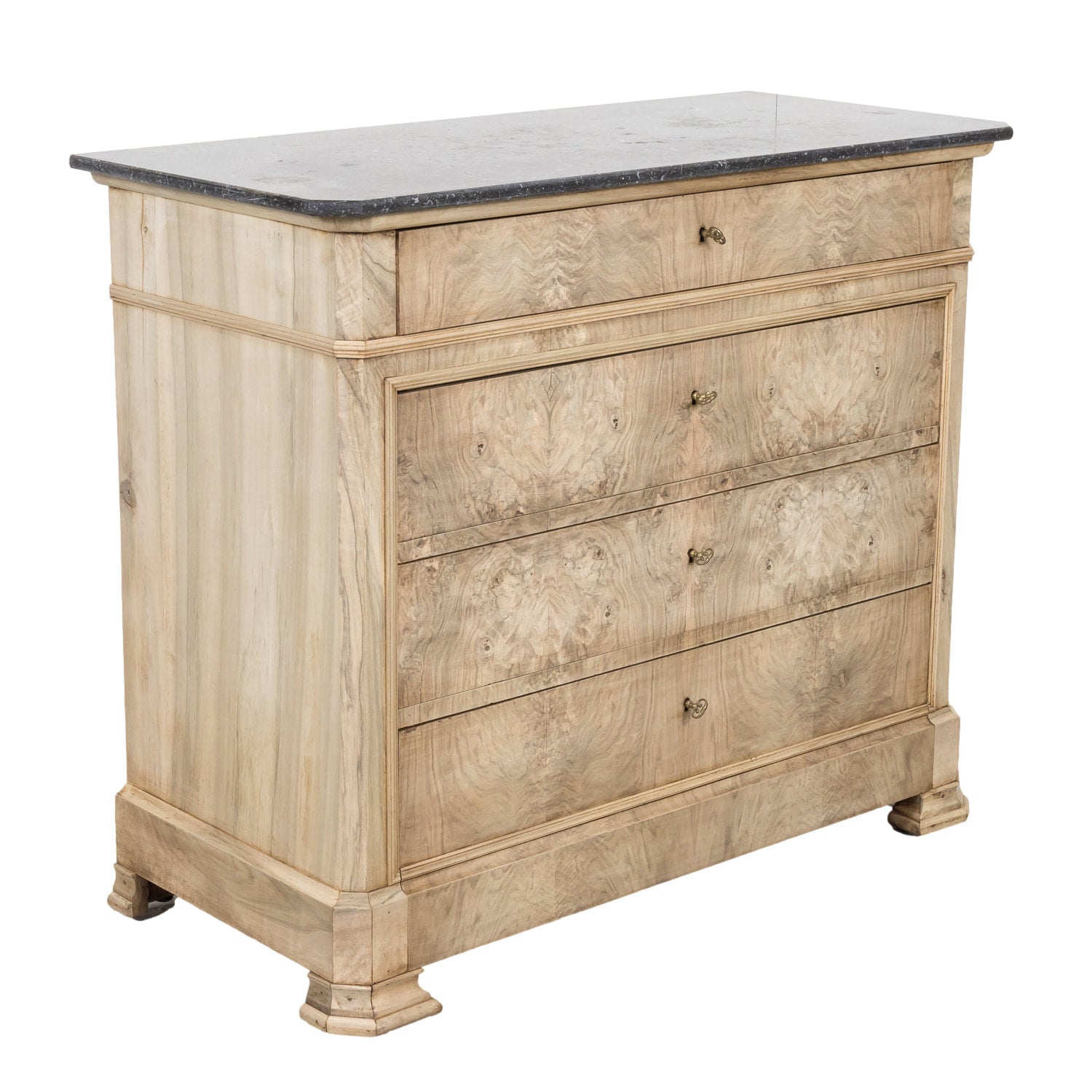 19th Century French Louis Philippe Style Bleached Walnut Commode with Marble Top and Bookmatched Front