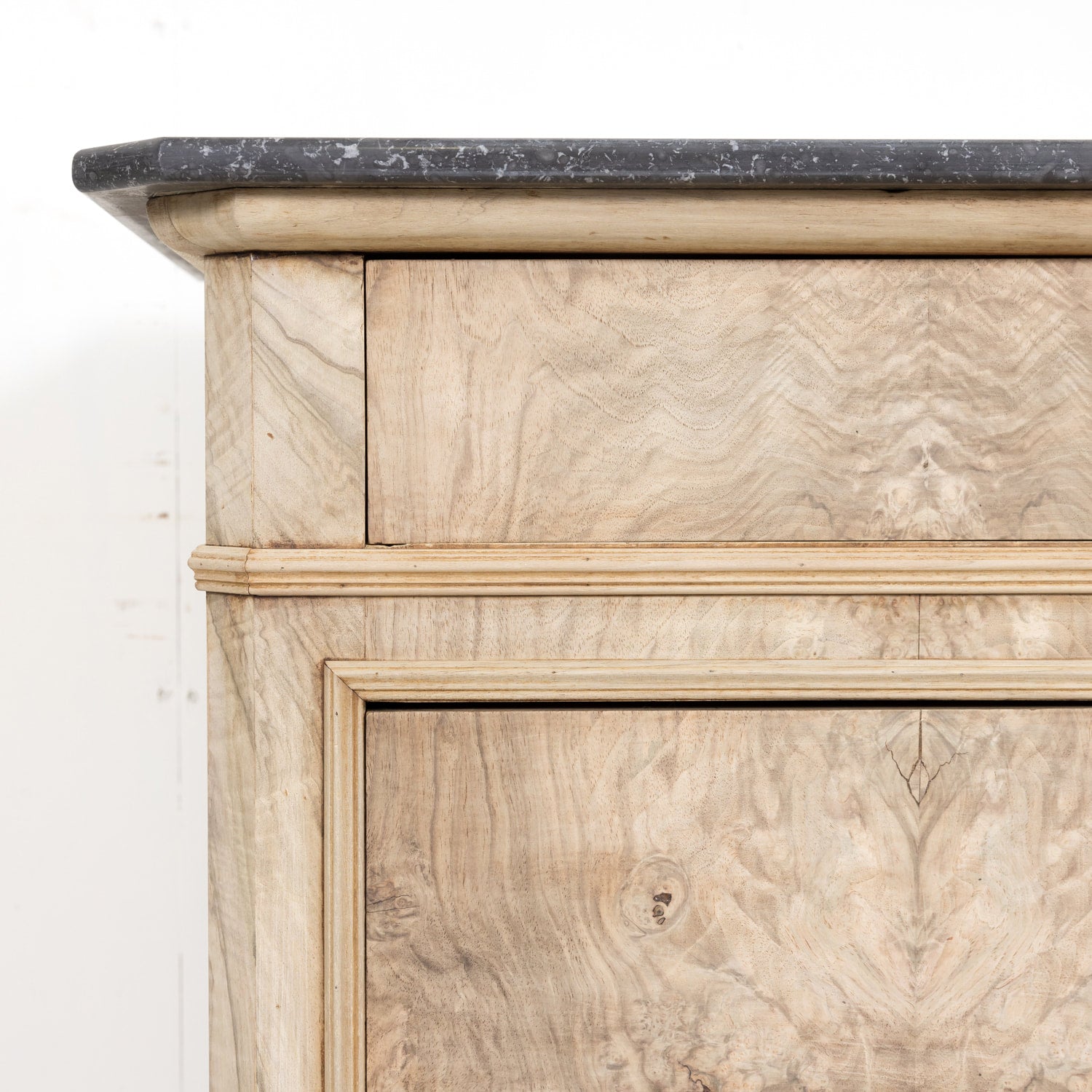 19th Century French Louis Philippe Style Bleached Walnut Commode with Marble Top and Bookmatched Front