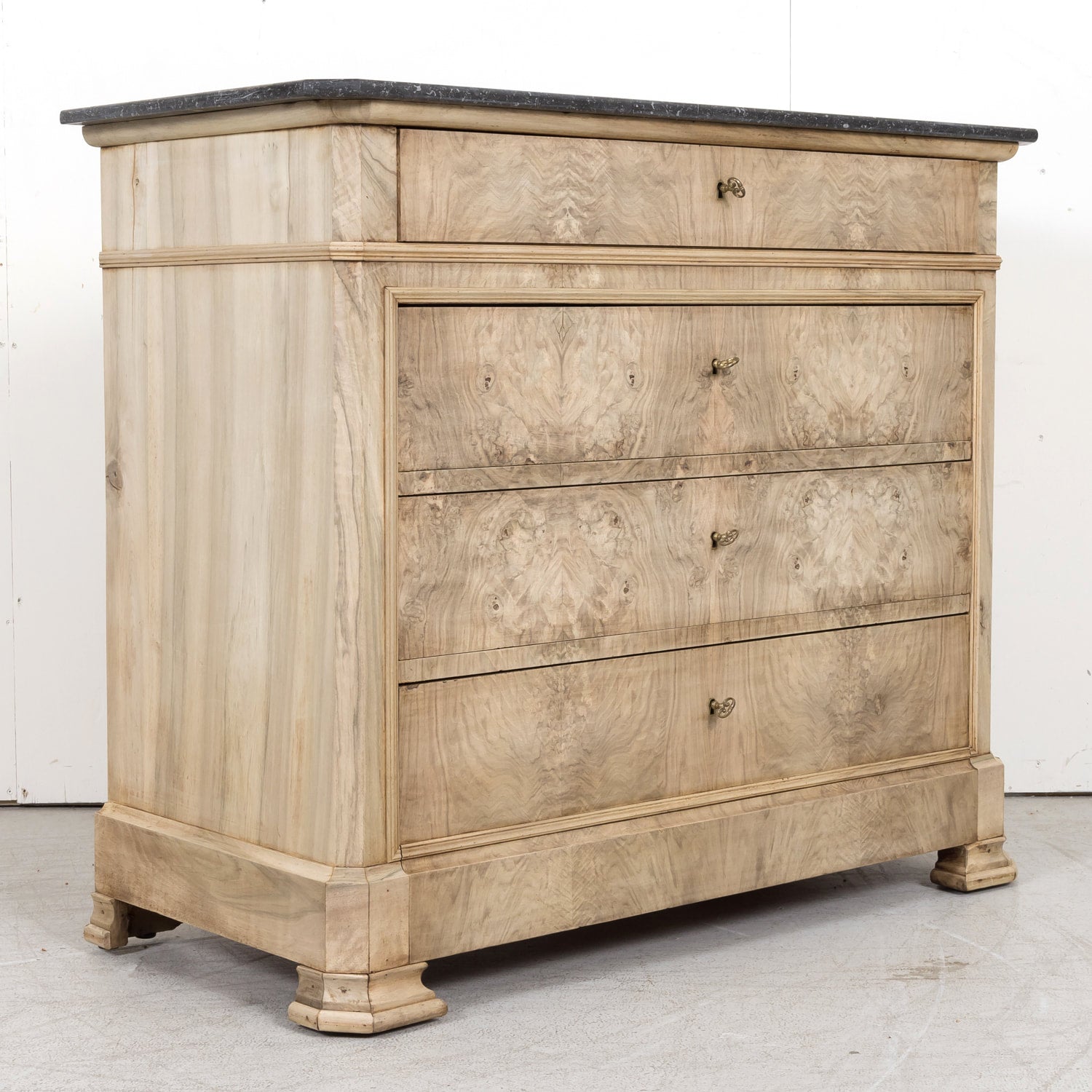 19th Century French Louis Philippe Style Bleached Walnut Commode with Marble Top and Bookmatched Front