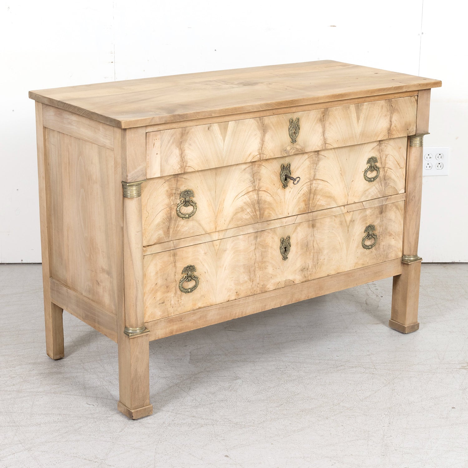 19th Century French Empire Period Three-Drawer Bleached Walnut Commode with Bookmatched Front