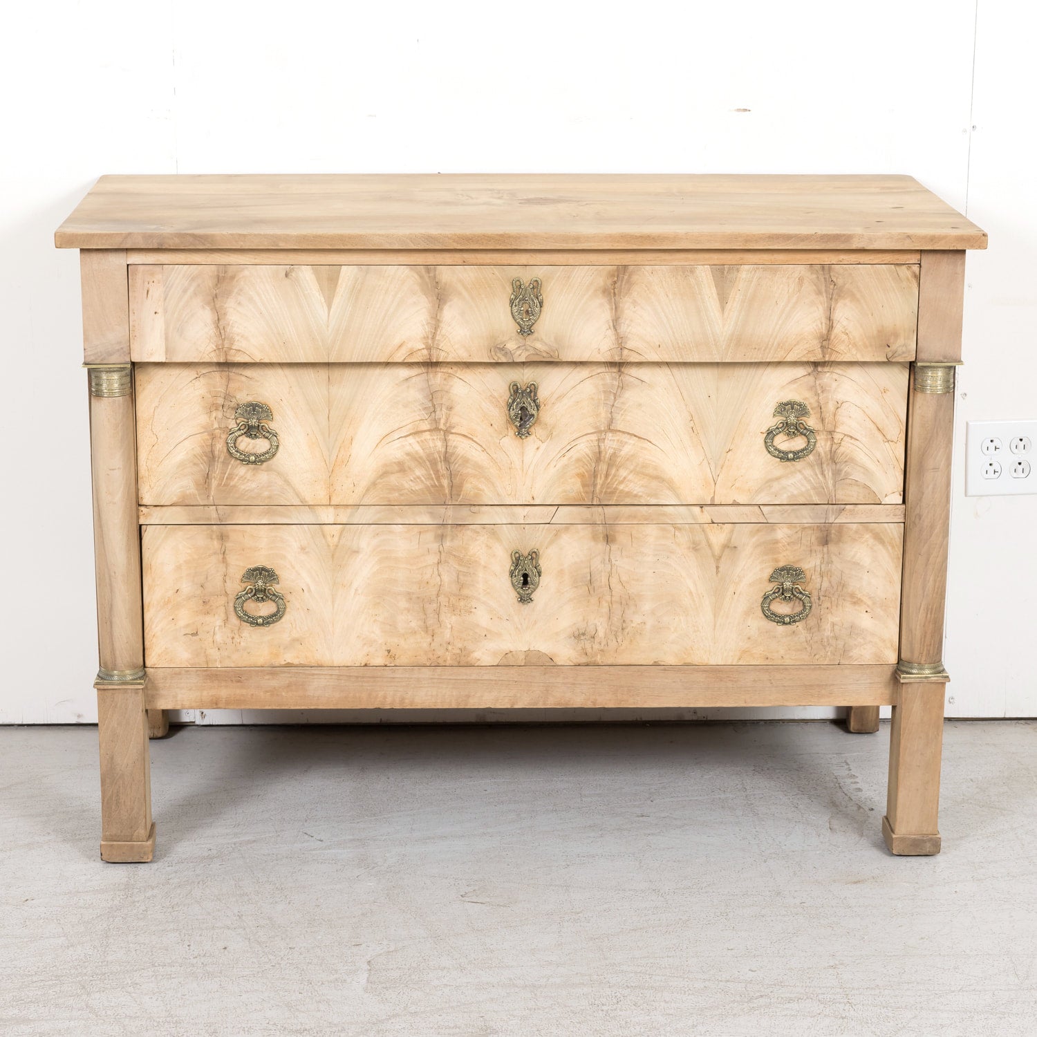 19th Century French Empire Period Three-Drawer Bleached Walnut Commode with Bookmatched Front
