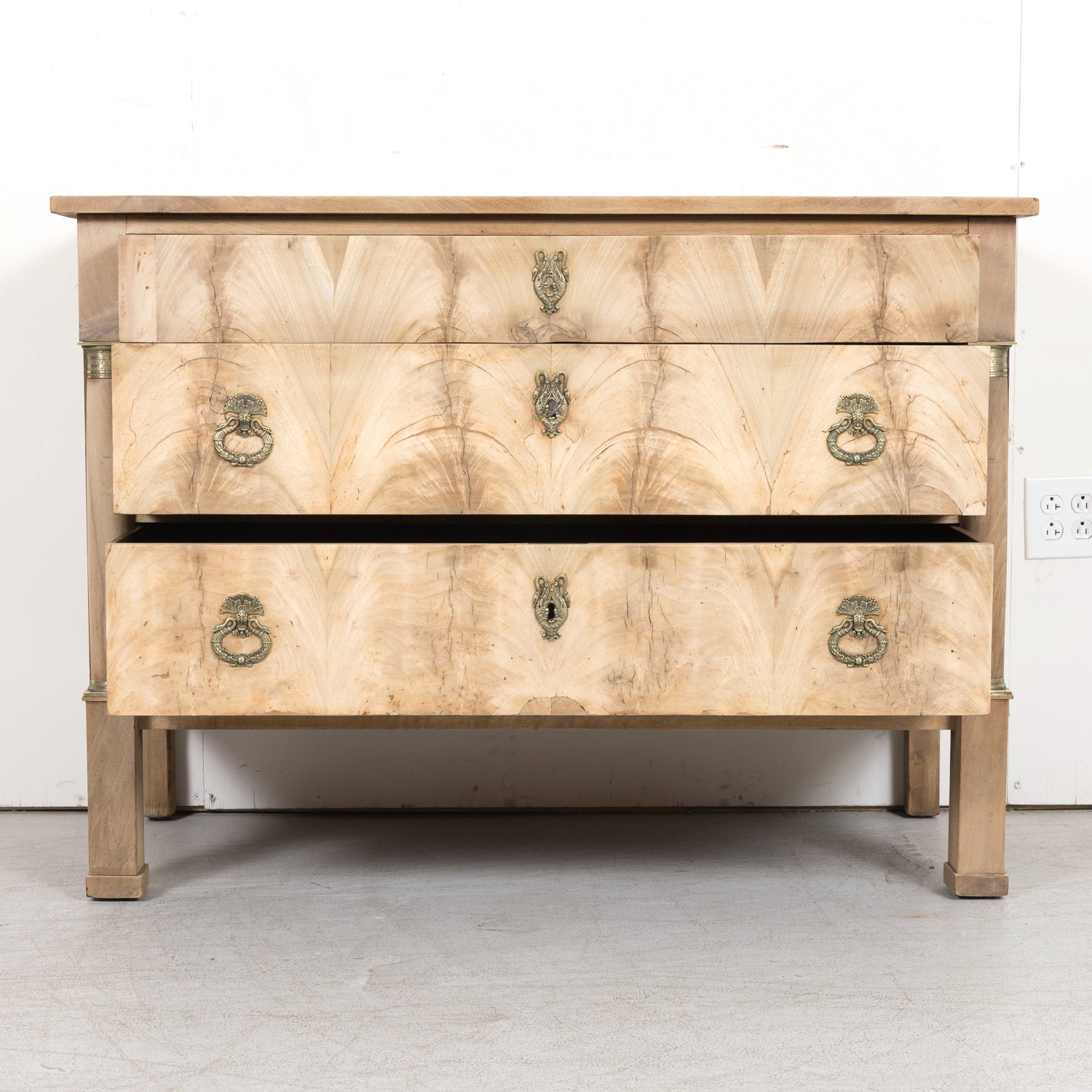 19th Century French Empire Period Three-Drawer Bleached Walnut Commode with Bookmatched Front