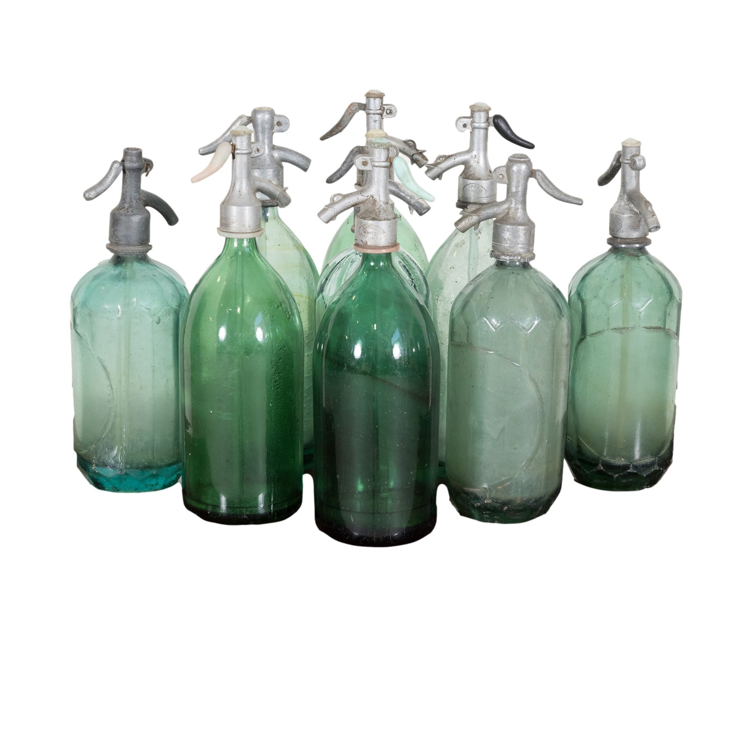 Vintage Hand Blown Green Glass Soda Syphon Seltzer Bottles