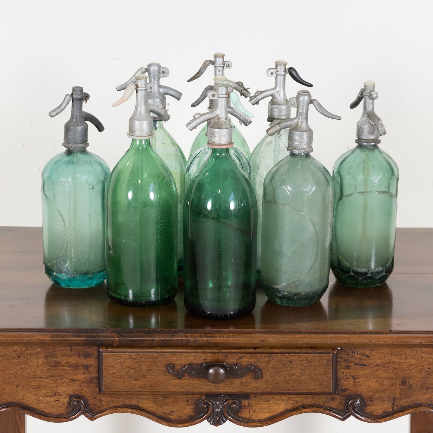 Vintage Hand Blown Green Glass Soda Syphon Seltzer Bottles