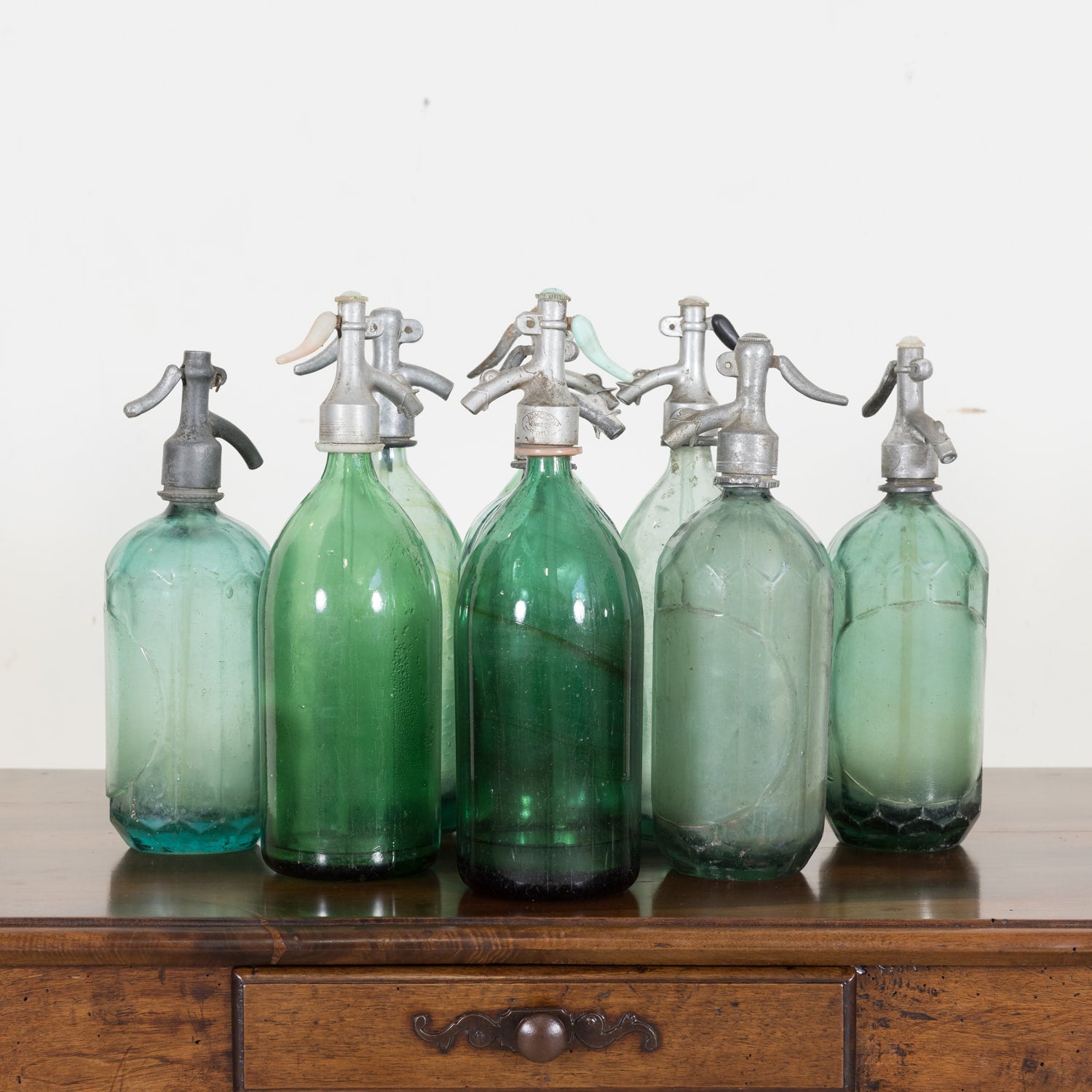 Vintage Hand Blown Green Glass Soda Syphon Seltzer Bottles