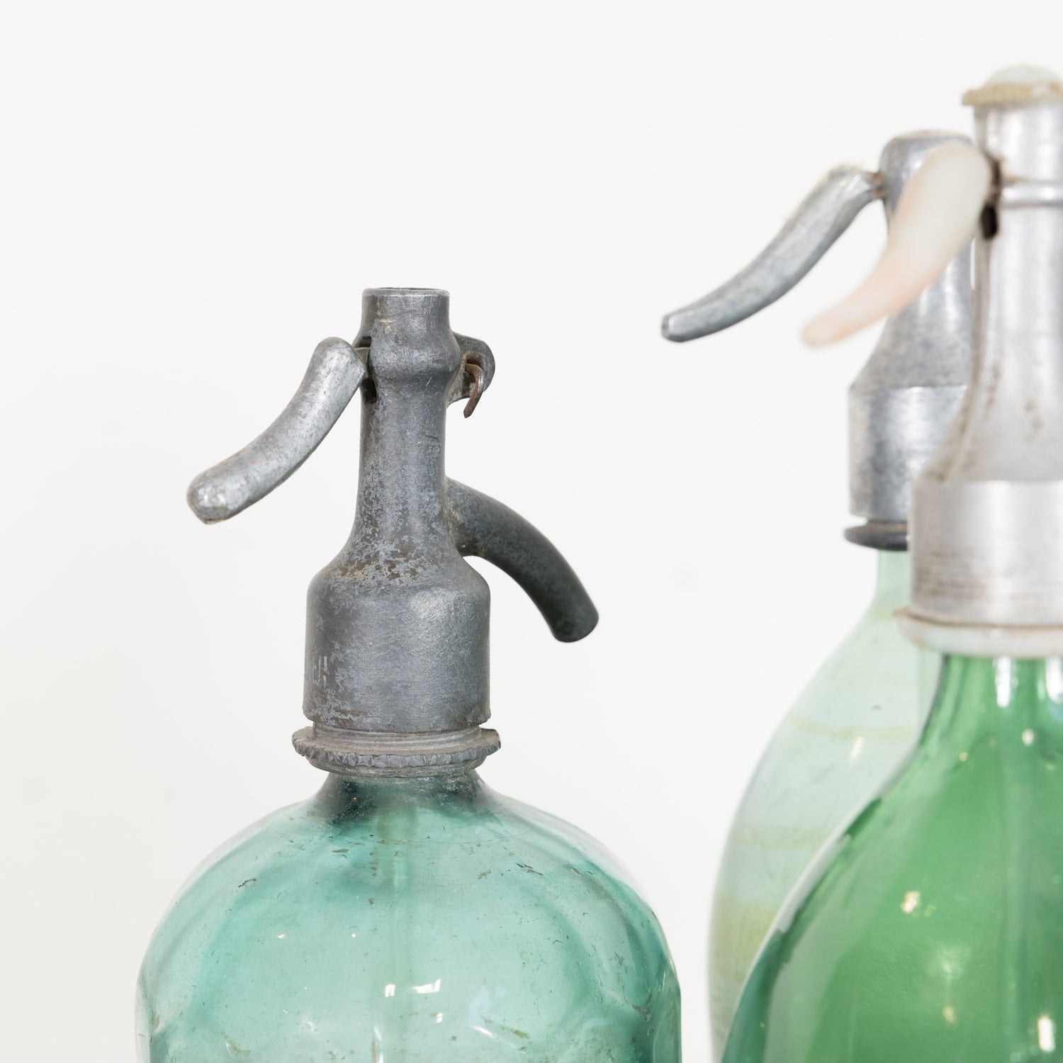 Vintage Hand Blown Green Glass Soda Syphon Seltzer Bottles