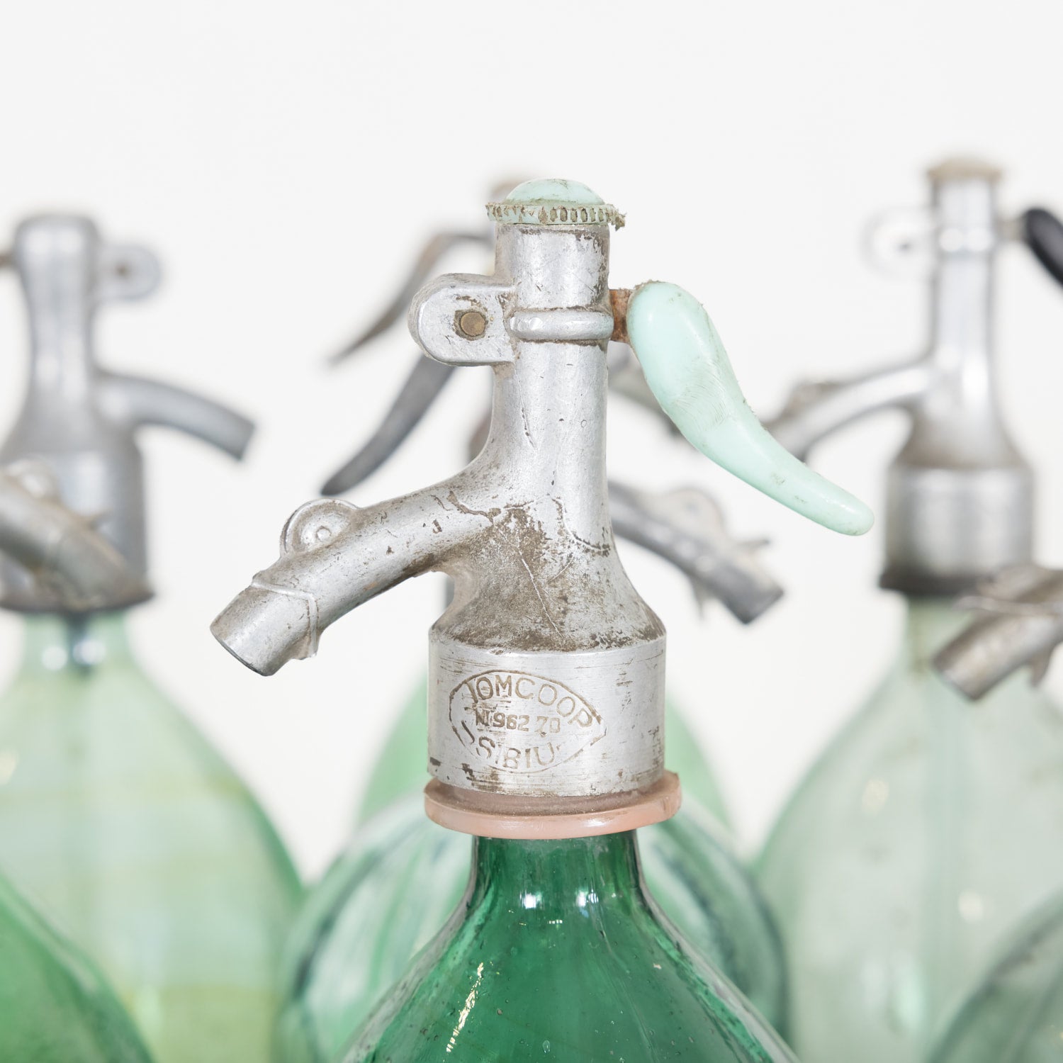 Vintage Hand Blown Green Glass Soda Syphon Seltzer Bottles