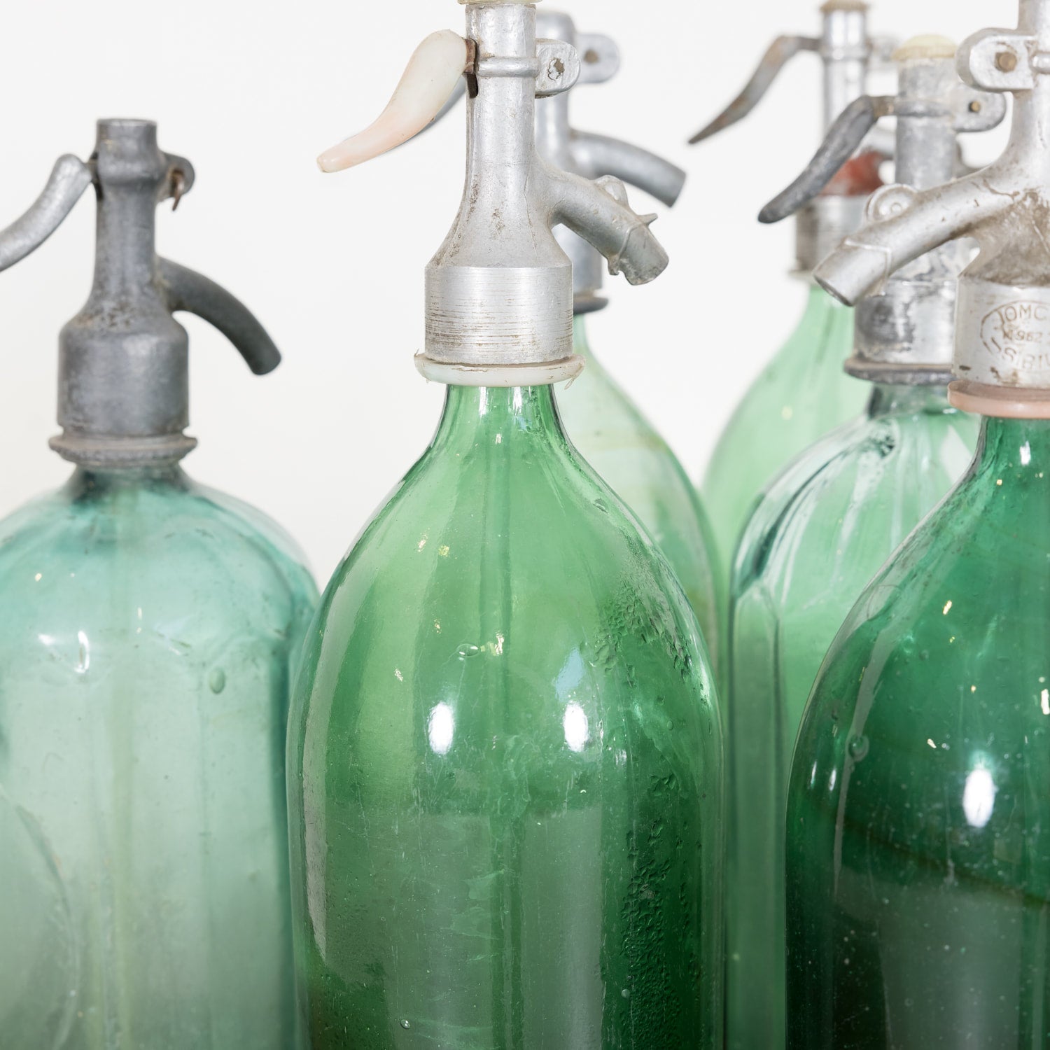 Vintage Hand Blown Green Glass Soda Syphon Seltzer Bottles