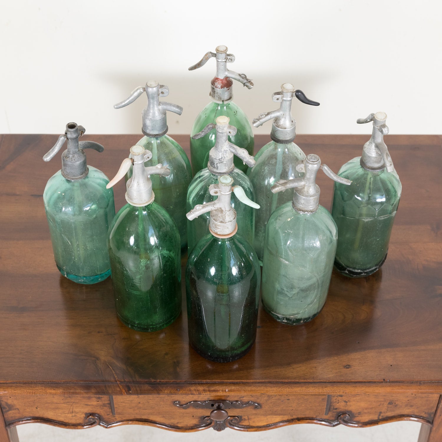Vintage Hand Blown Green Glass Soda Syphon Seltzer Bottles