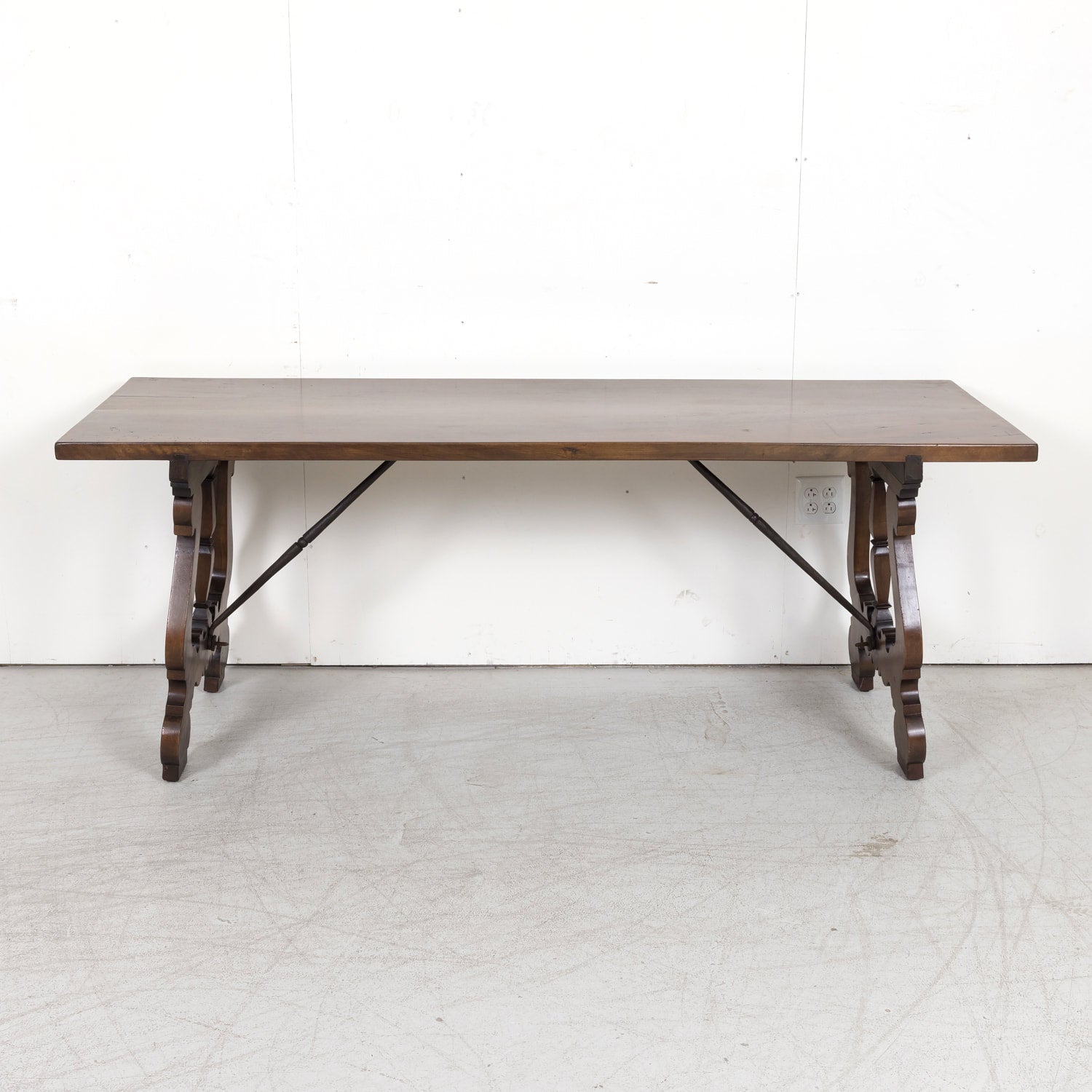 19th Century Spanish Baroque Style Walnut Trestle Dining Table with Iron Stretchers