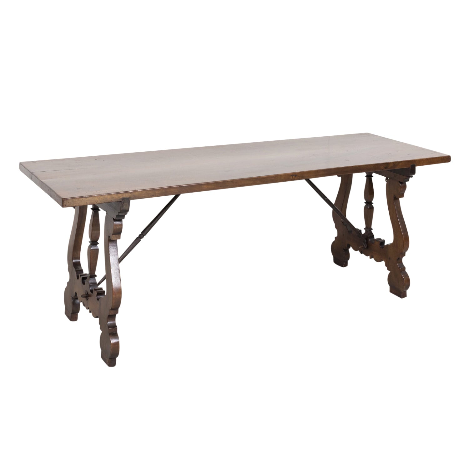 19th Century Spanish Baroque Style Walnut Trestle Dining Table with Iron Stretchers