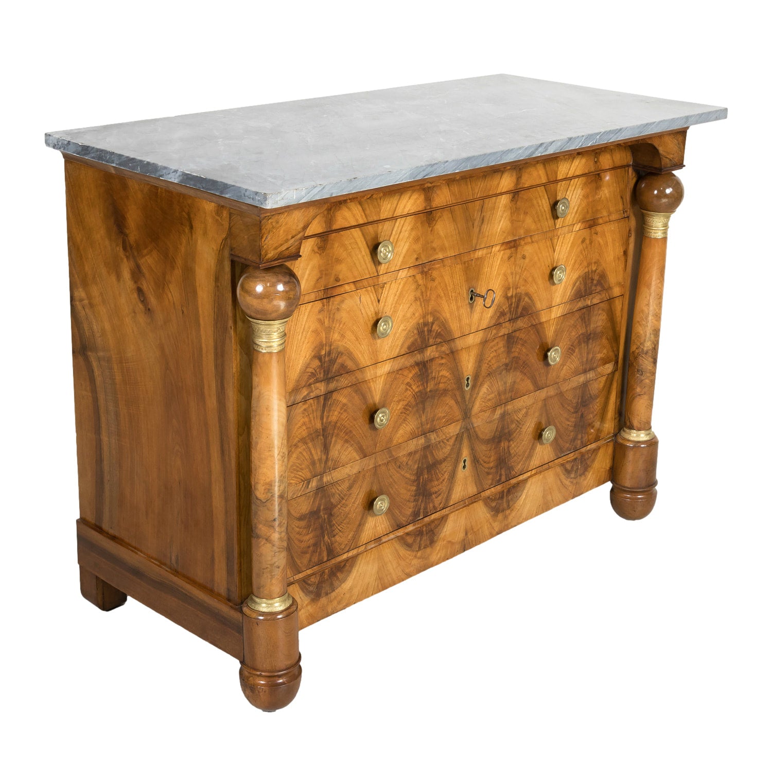 19th Century French Empire Period Walnut and Bookmatched Flaming Walnut Commode with Marble Top