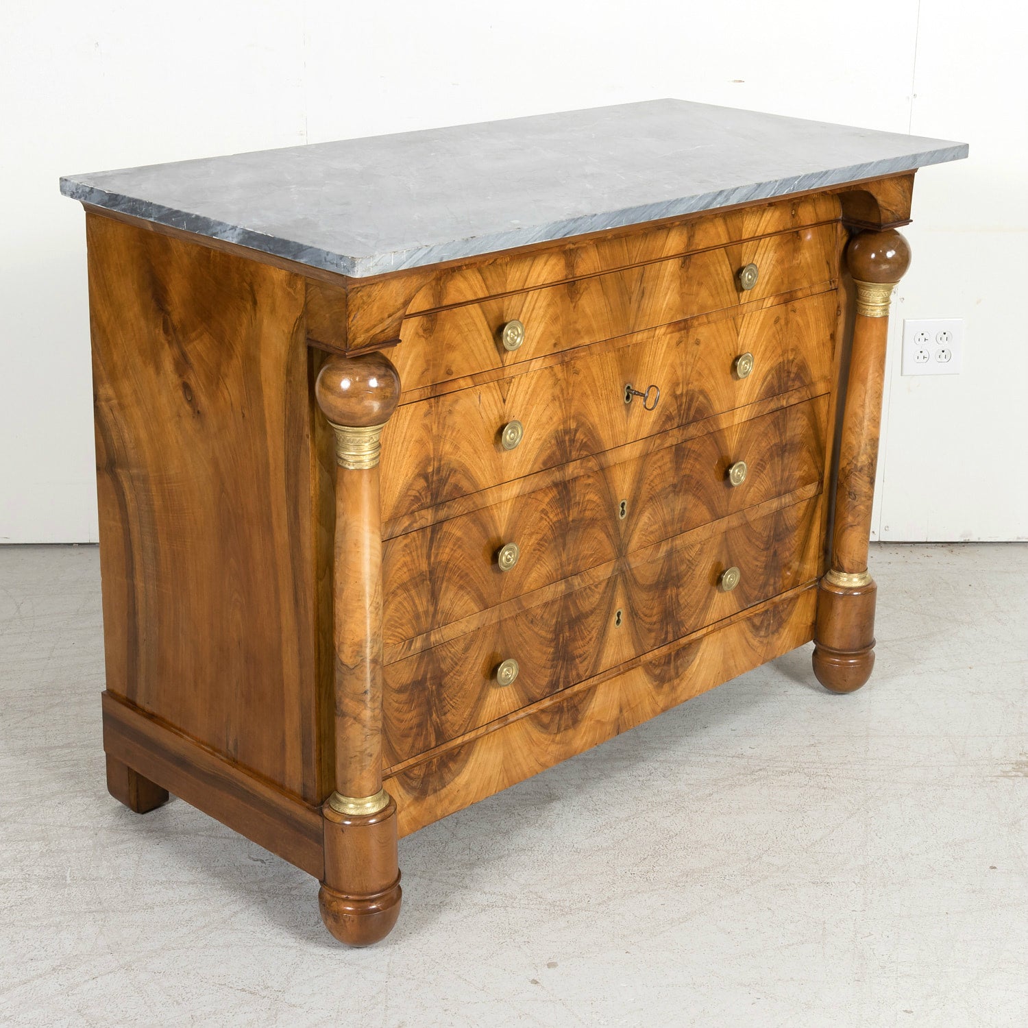 19th Century French Empire Period Walnut and Bookmatched Flaming Walnut Commode with Marble Top