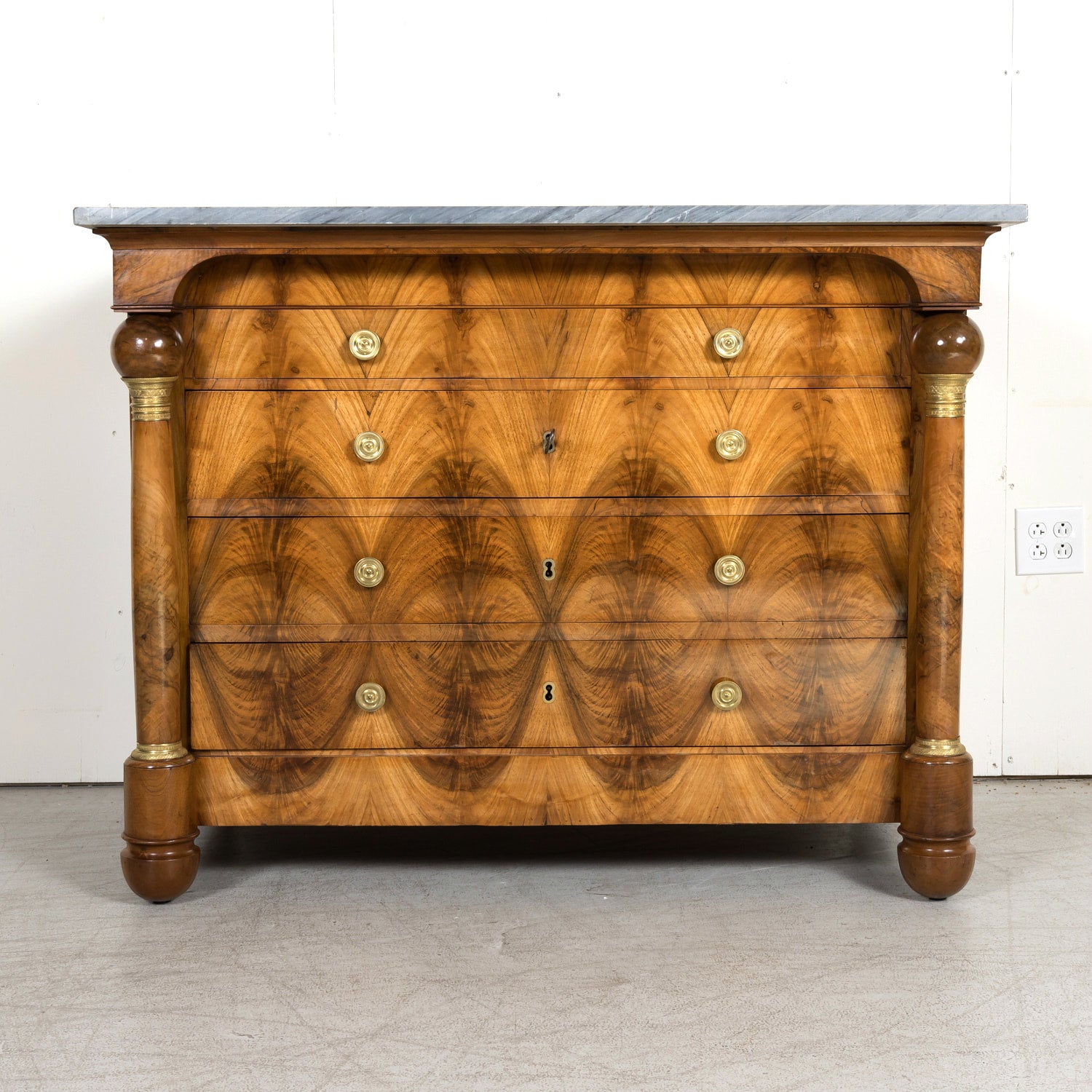 19th Century French Empire Period Walnut and Bookmatched Flaming Walnut Commode with Marble Top