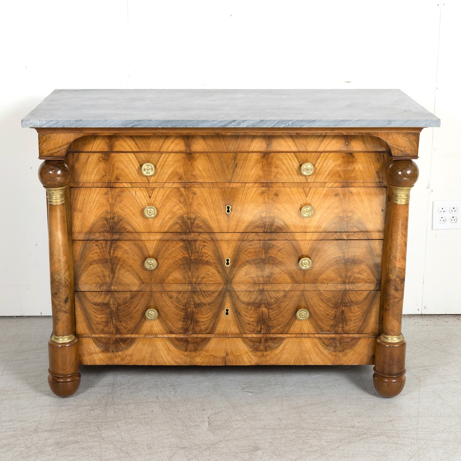 19th Century French Empire Period Walnut and Bookmatched Flaming Walnut Commode with Marble Top