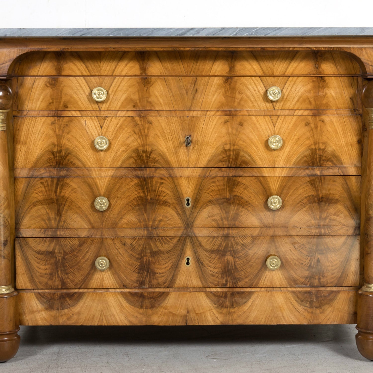 19th Century French Empire Period Walnut and Bookmatched Flaming Walnut Commode with Marble Top