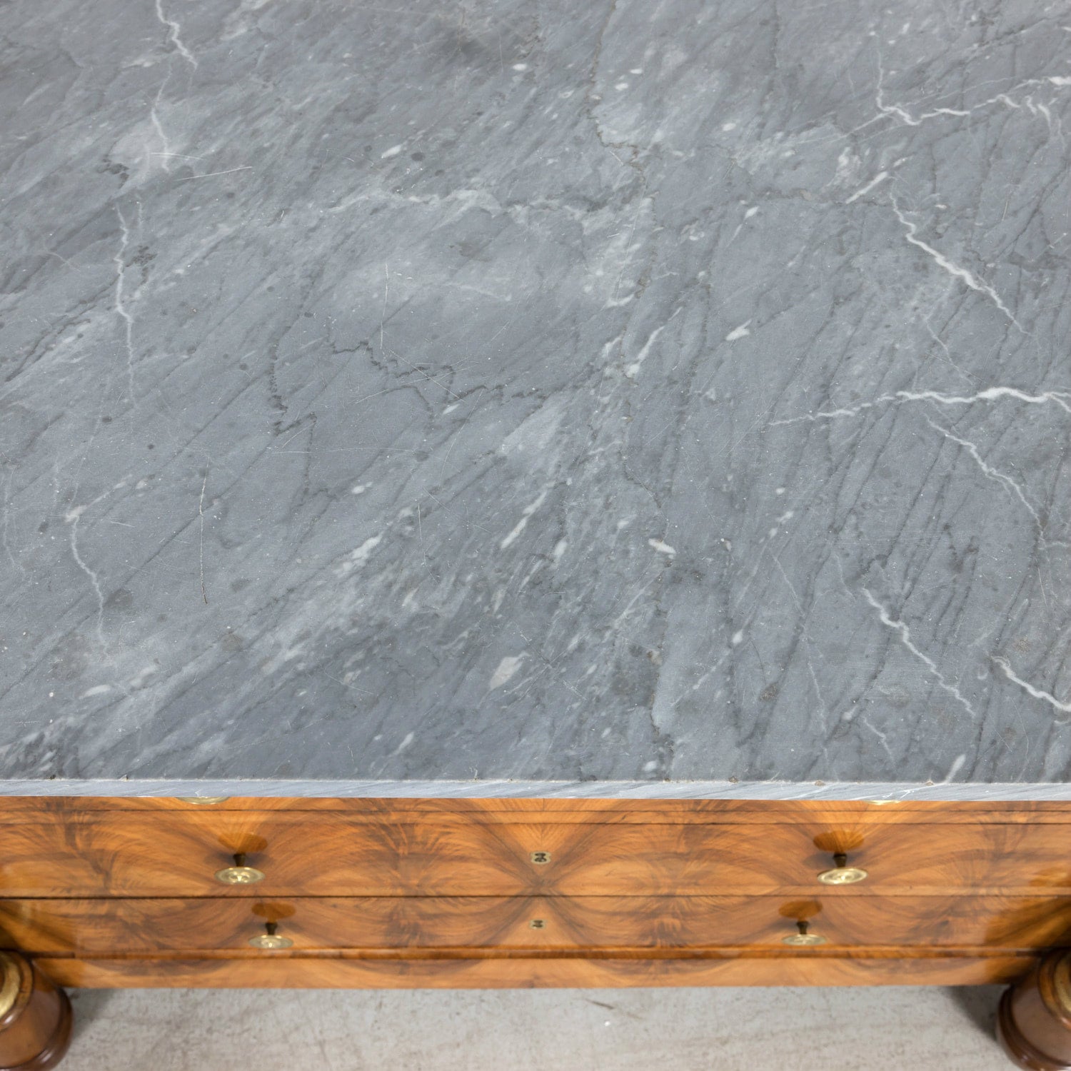 19th Century French Empire Period Walnut and Bookmatched Flaming Walnut Commode with Marble Top