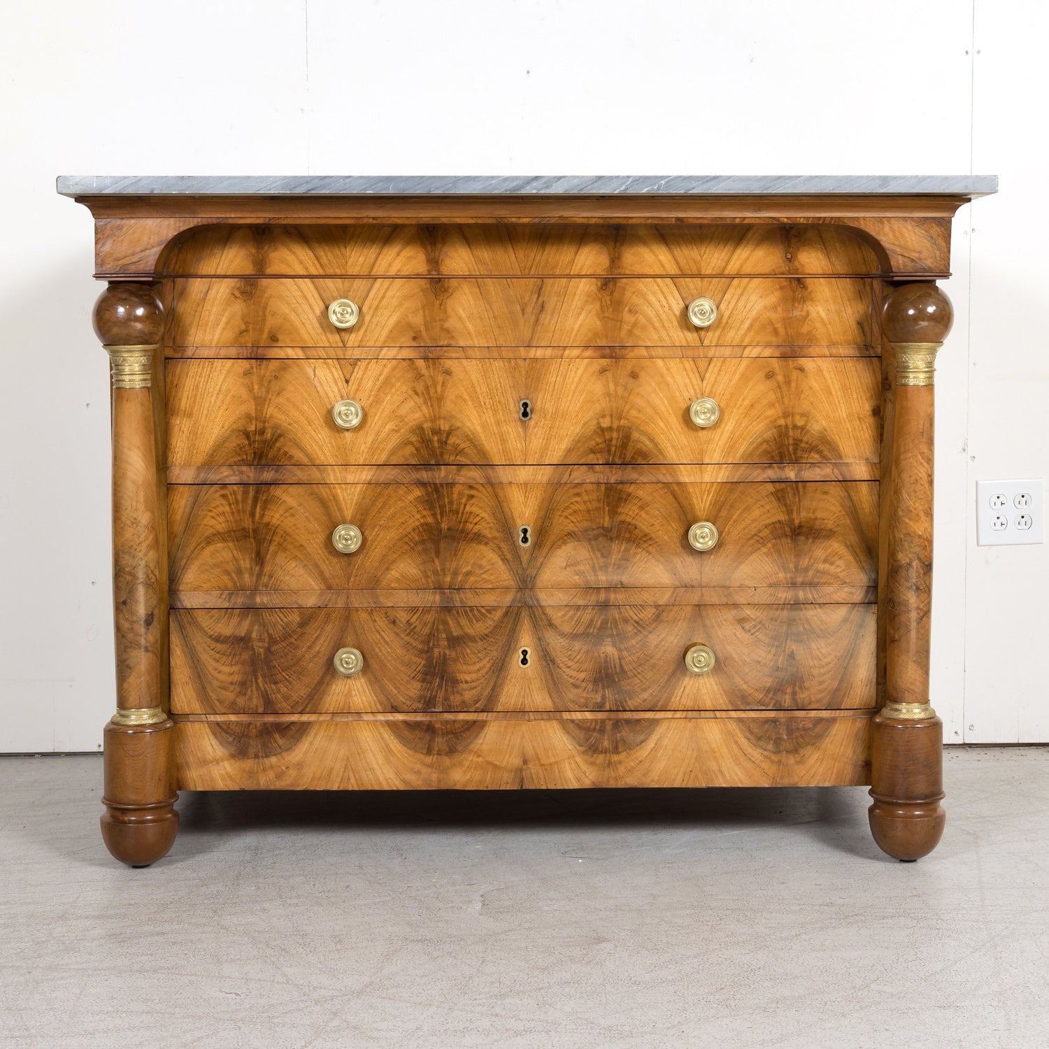 19th Century French Empire Period Walnut and Bookmatched Flaming Walnut Commode with Marble Top